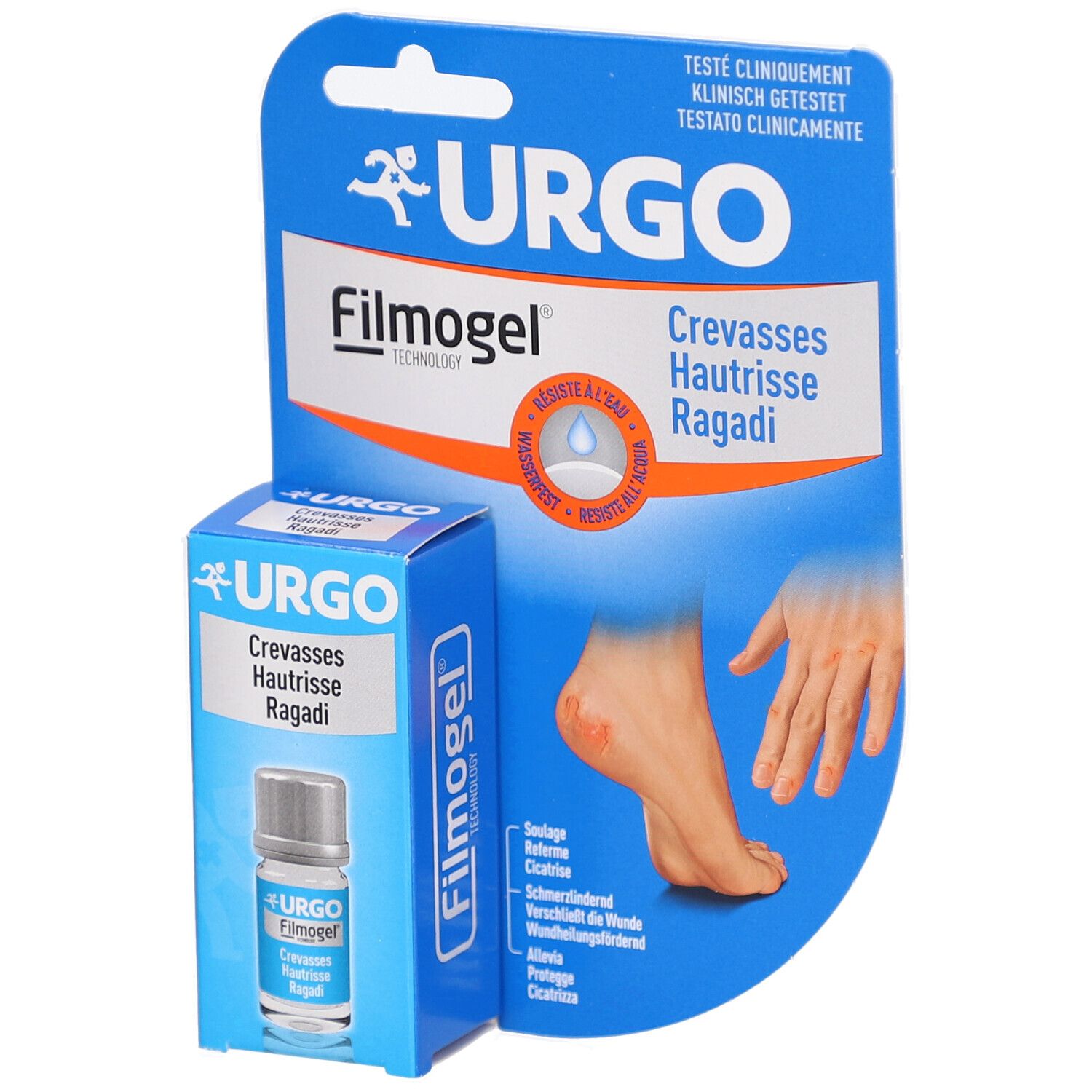 Blau-weiße Verpackung mit Produkt URGO Filmogel. Flasche und Verpackung zeigen Produktnamen und Anwendungshinweise.