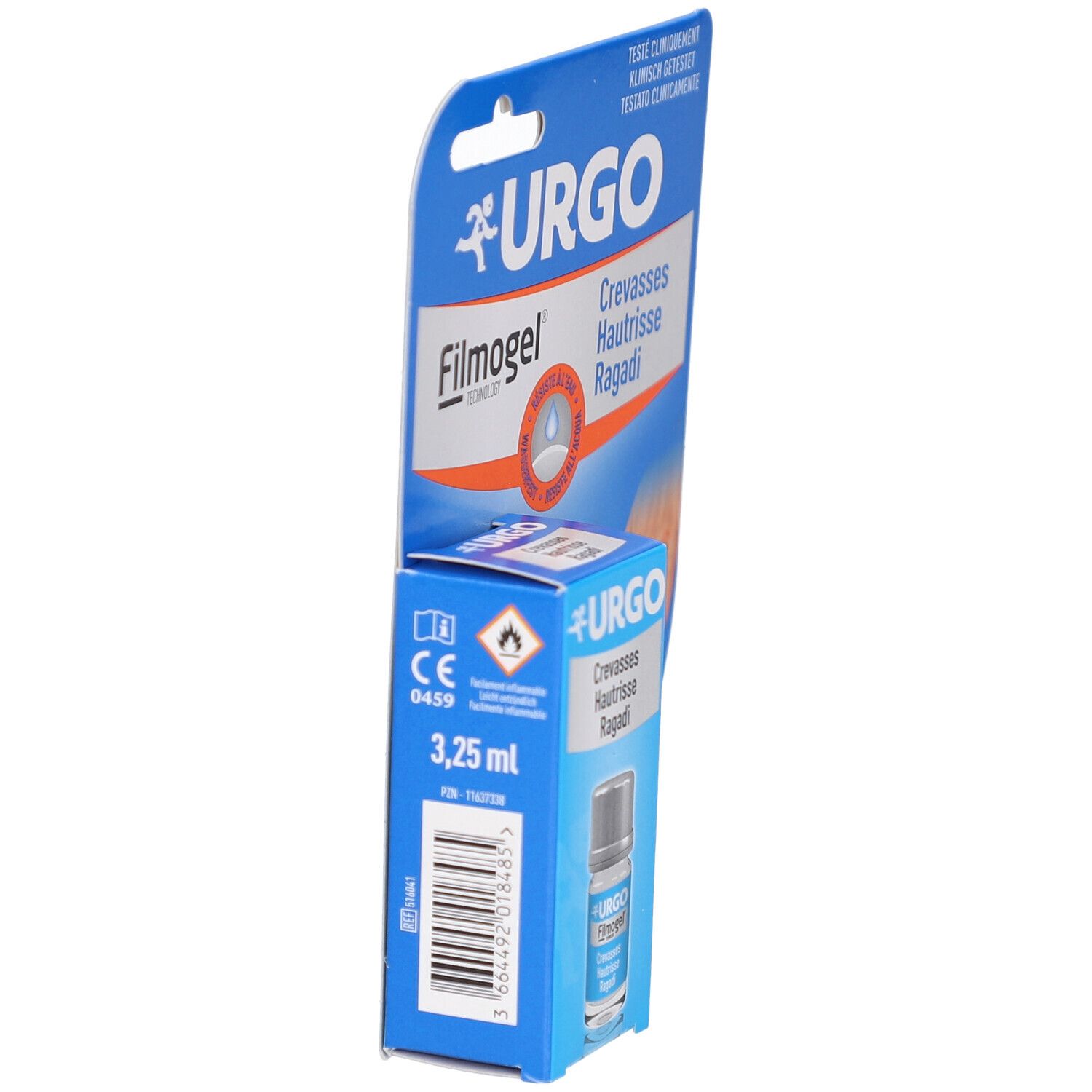 Blaue Verpackung mit URGO Filmogel. Flasche mit 3,25 ml Inhalt. CE-Kennzeichnung.