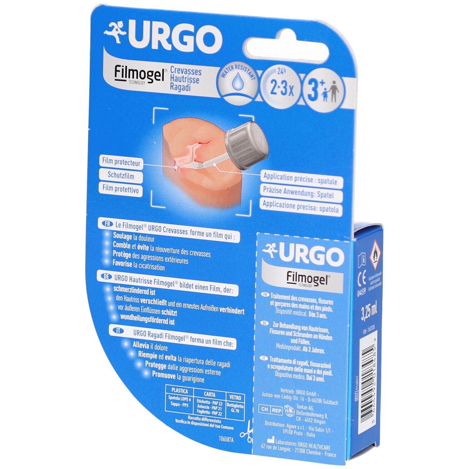 Rückseite der blauen Verpackung mit URGO Filmogel. Produktinformationen und Anwendungsdetails.