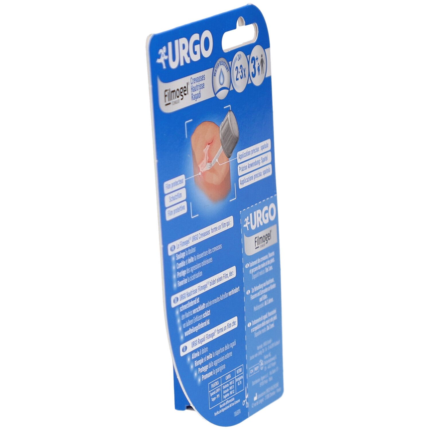 Blaue Verpackung mit URGO Filmogel. Produktinformationen und Anwendungsdetails.