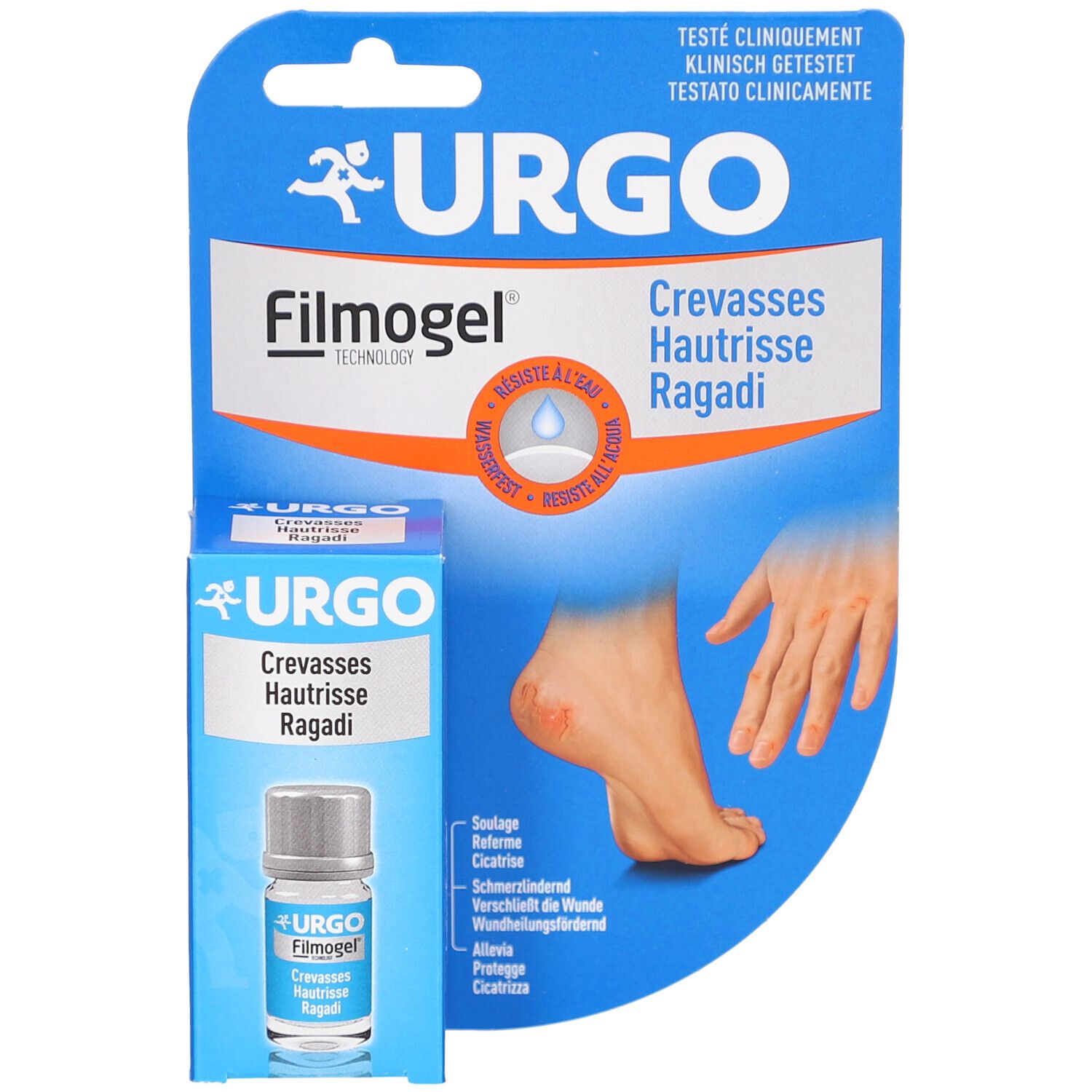Blau-weiße Verpackung mit URGO Filmogel. Flasche und Verpackung zeigen Produktnamen und Anwendungshinweise.