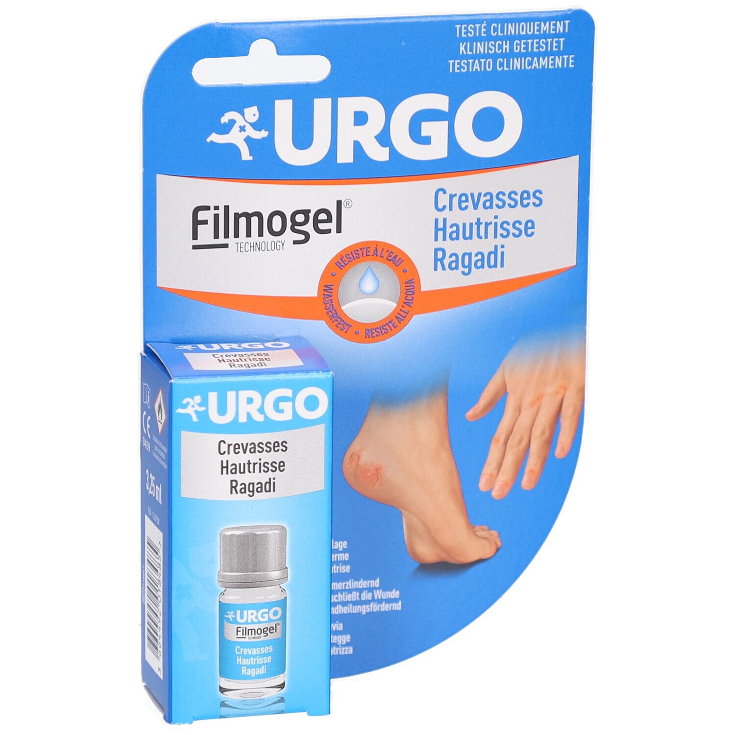 Blau-weiße Verpackung mit URGO Filmogel. Flasche und Verpackung zeigen Produktnamen und Anwendungshinweise.