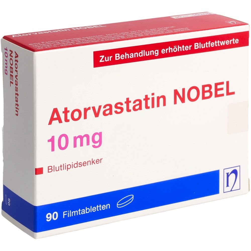 Boîte blanche avec texte rouge. Inscription : Atorvastatine NOBEL 10 mg, 90 comprimés pelliculés. Texte : Pour le traitement de l'hyperlipidémie.