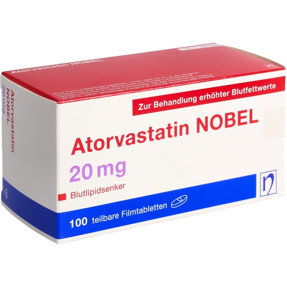 Boîte d'Atorvastatine NOBEL 20 mg. Inscription : Pour le traitement de l'hyperlipidémie. Contient 100 comprimés pelliculés sécables.