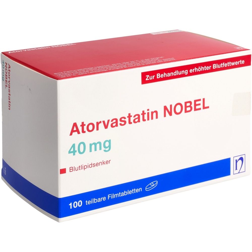 Boîte blanche à couvercle rouge. Inscription : Atorvastatin NOBEL 40 mg, 100 comprimés pelliculés sécables. Texte : Pour le traitement de l'hyperlipidémie.