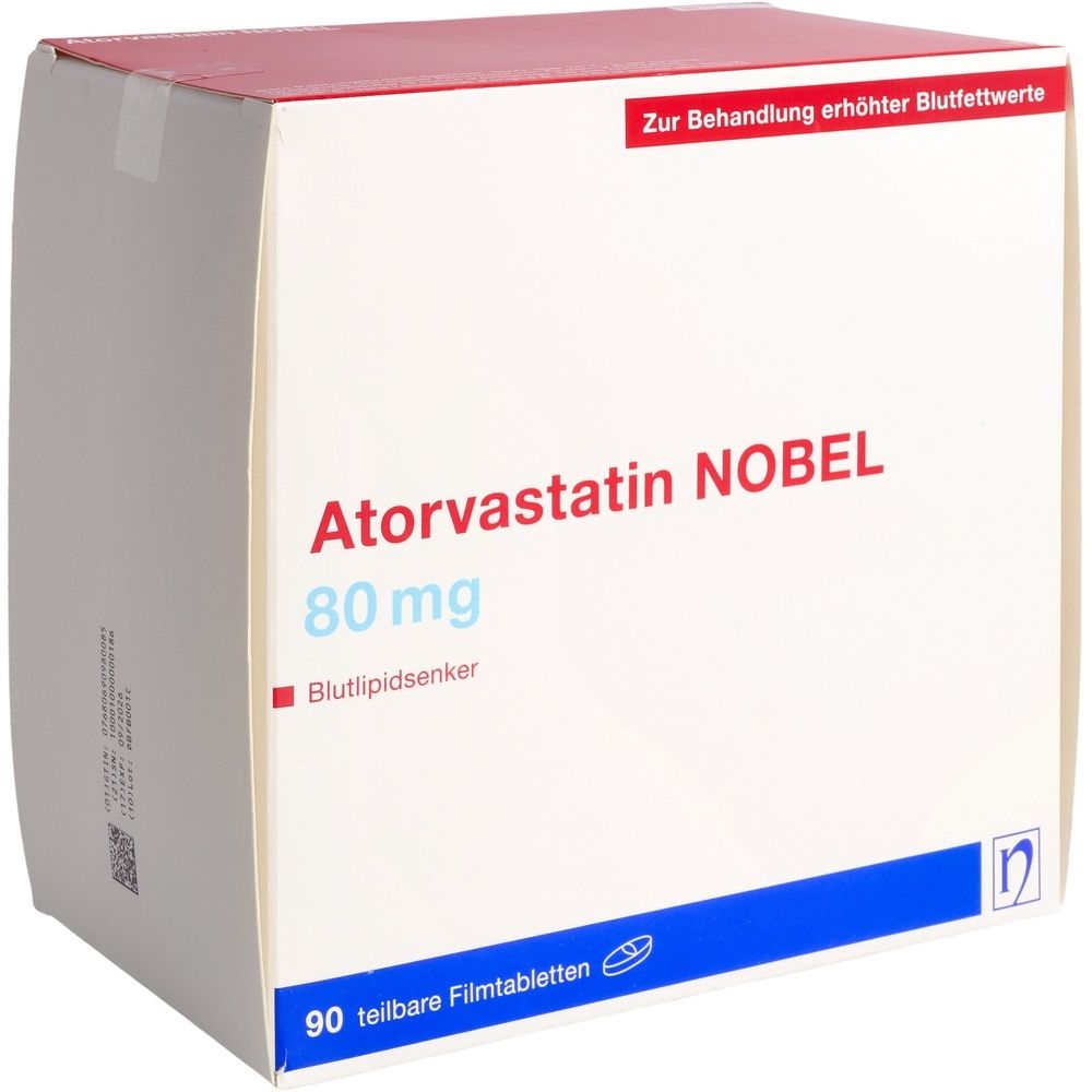 Boîte pliante blanche avec texte rouge et bleu. Inscription: Atorvastatine NOBEL 80 mg, 90 comprimés pelliculés. Texte: Pour le traitement des lipides sanguins élevés.