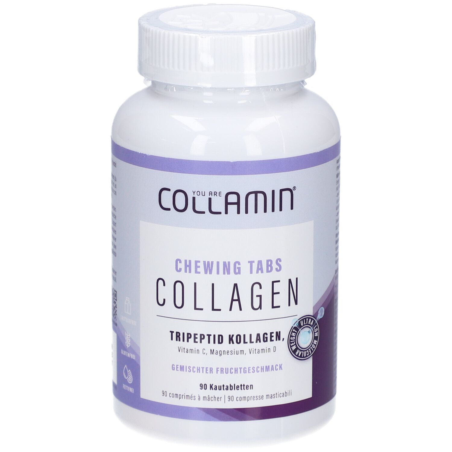Flacon blanc avec étiquette COLLAMIN. Inscription: CHEWING TABS COLLAGEN, Tripeptide collagène. 90 comprimés.