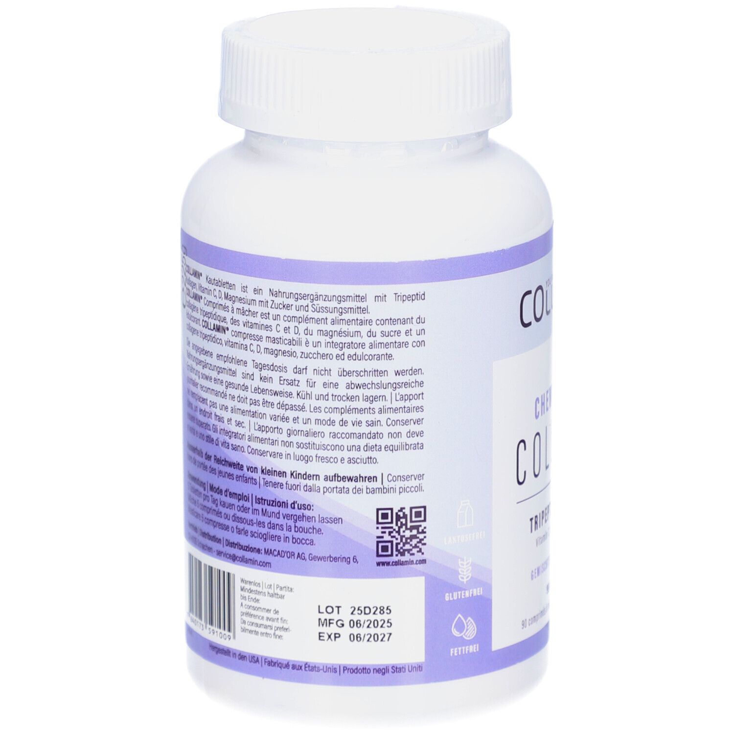 Dos du flacon blanc avec étiquette COLLAMIN. Texte multilingue. Code QR et date de péremption.
