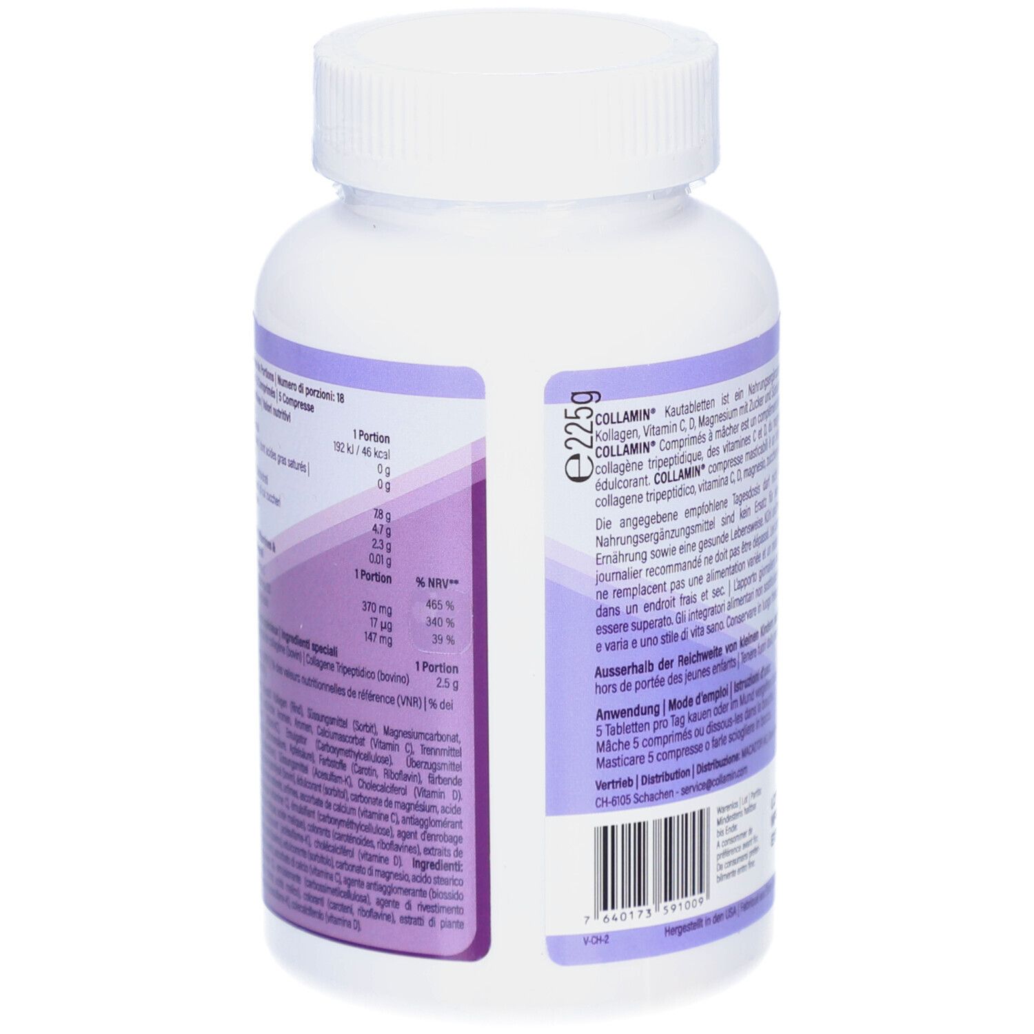 Dos du flacon blanc avec étiquette COLLAMIN. Informations nutritionnelles et ingrédients en plusieurs langues.