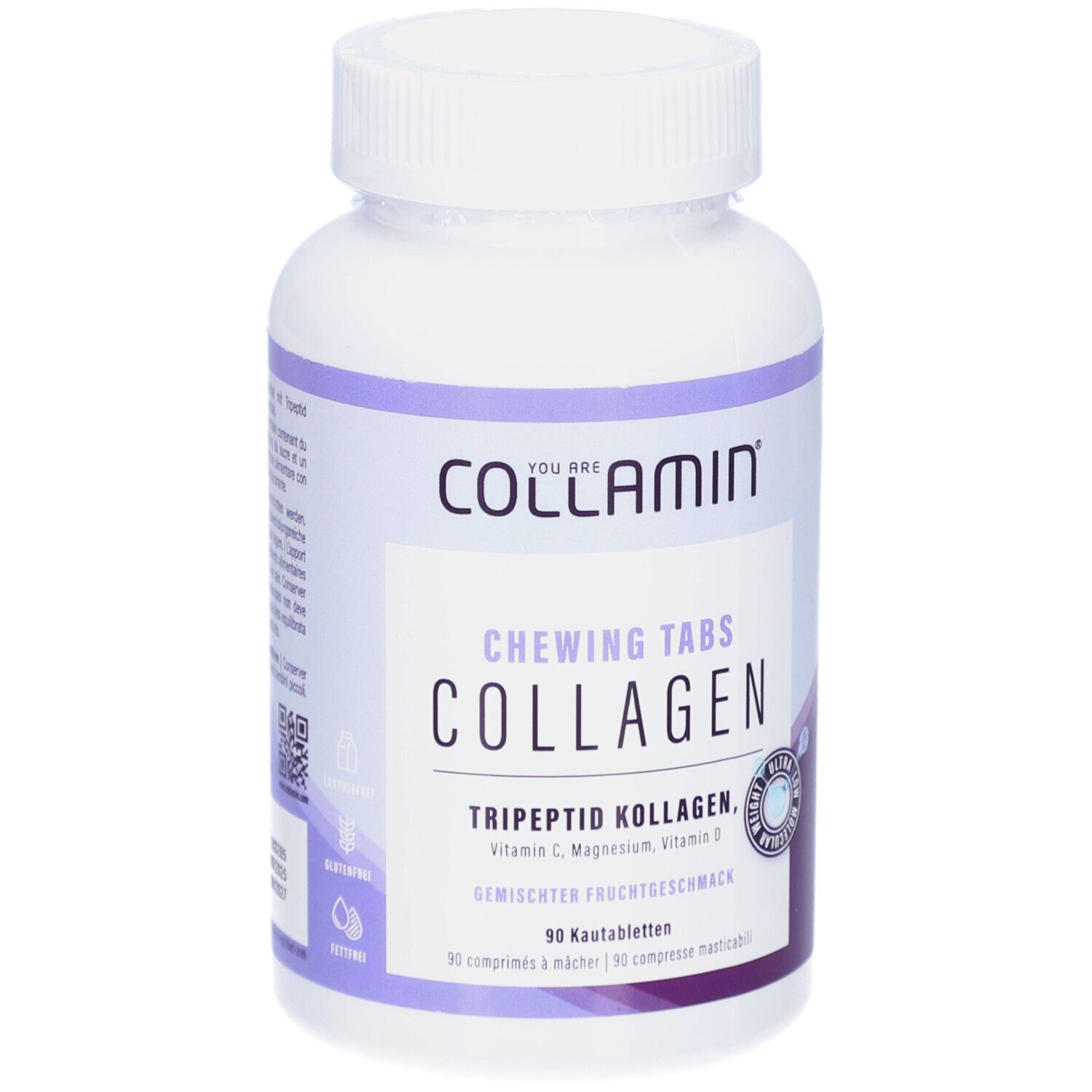 Flacon blanc avec étiquette COLLAMIN. Inscription: CHEWING TABS COLLAGEN, Tripeptide collagène. 90 comprimés.