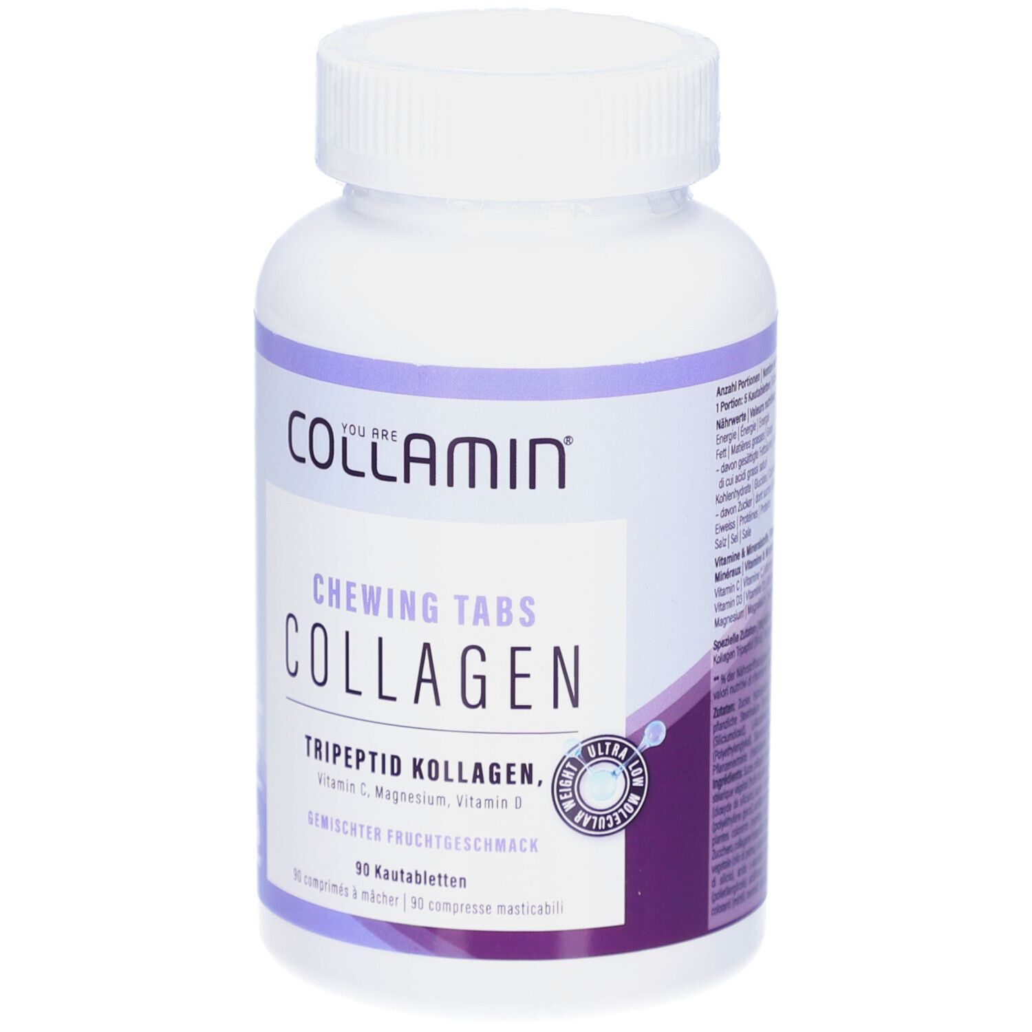Flacon blanc avec étiquette COLLAMIN. Inscription: CHEWING TABS COLLAGEN, Tripeptide collagène. 90 comprimés.