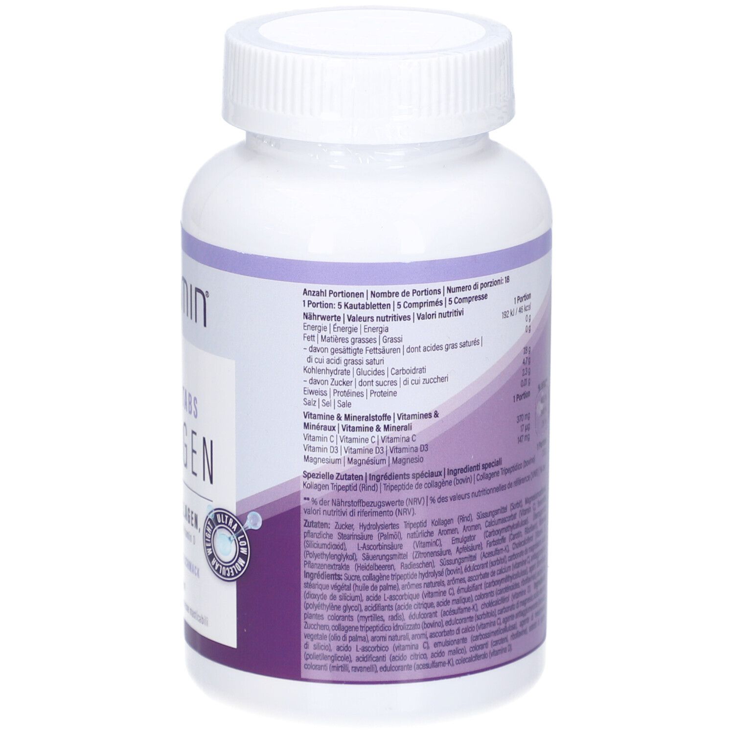 Dos du flacon blanc avec étiquette COLLAMIN. Informations nutritionnelles et ingrédients en plusieurs langues.