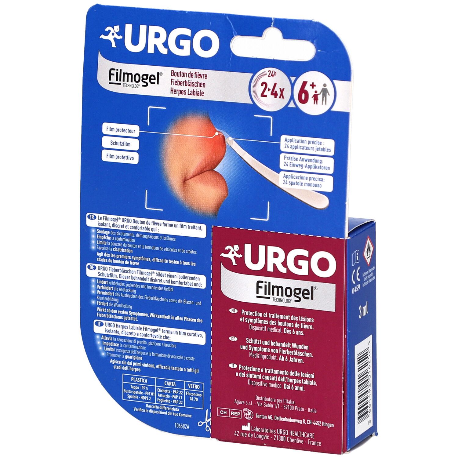 Verpackung mit Produkt. Aufschrift URGO Filmogel. 3 ml. Anwendungshinweise. 2-4x6. Applikator.