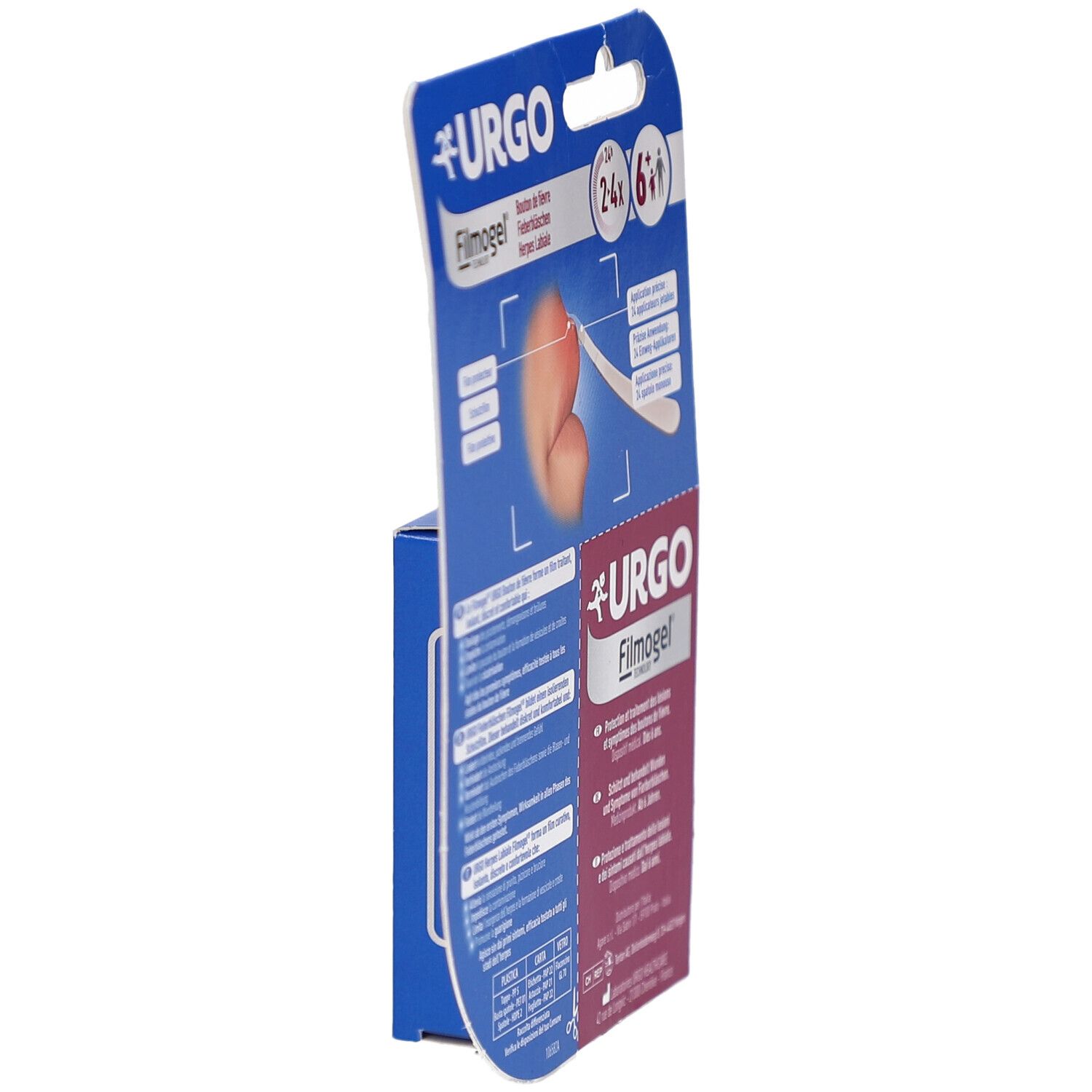 Produktverpackung. Aufschrift URGO Filmogel. Anwendungshinweise. 2-4x6. Seitenansicht.