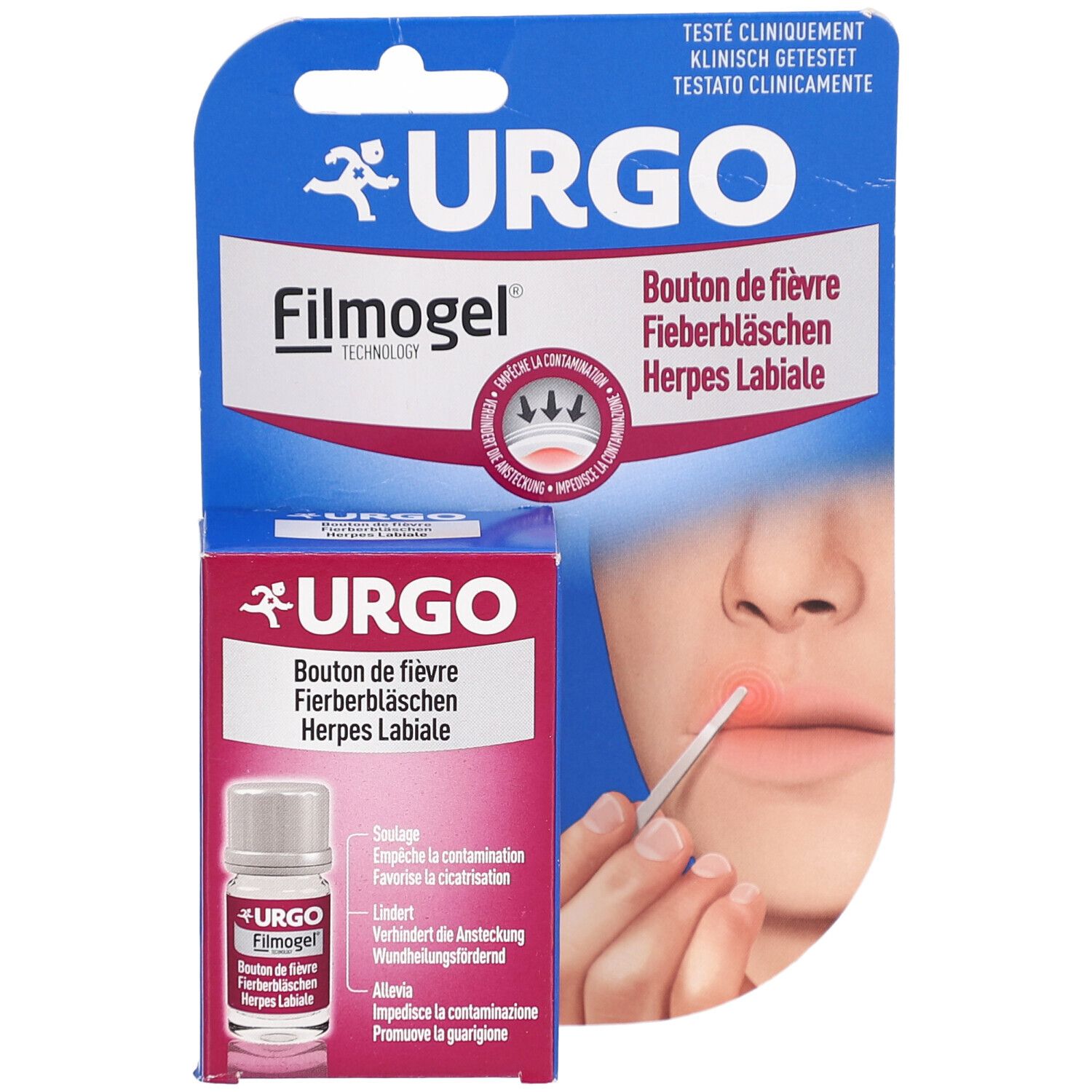Verpackung mit Produkt und Fläschchen. Aufschrift URGO Filmogel. Person mit Lippen. Applikator wird verwendet.