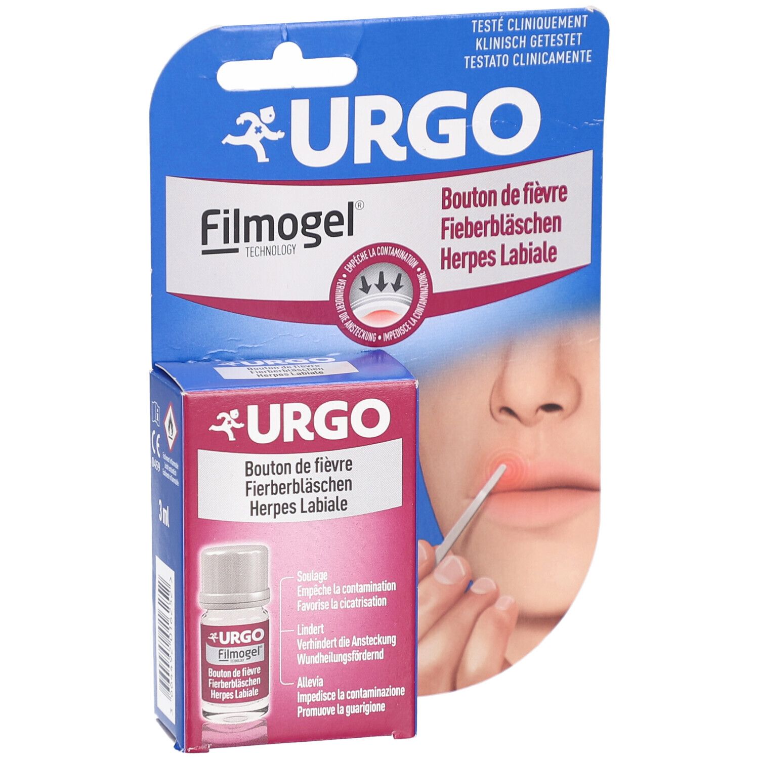 Verpackung mit Produkt und Fläschchen. Aufschrift URGO Filmogel. Person mit Lippen. Applikator wird verwendet.
