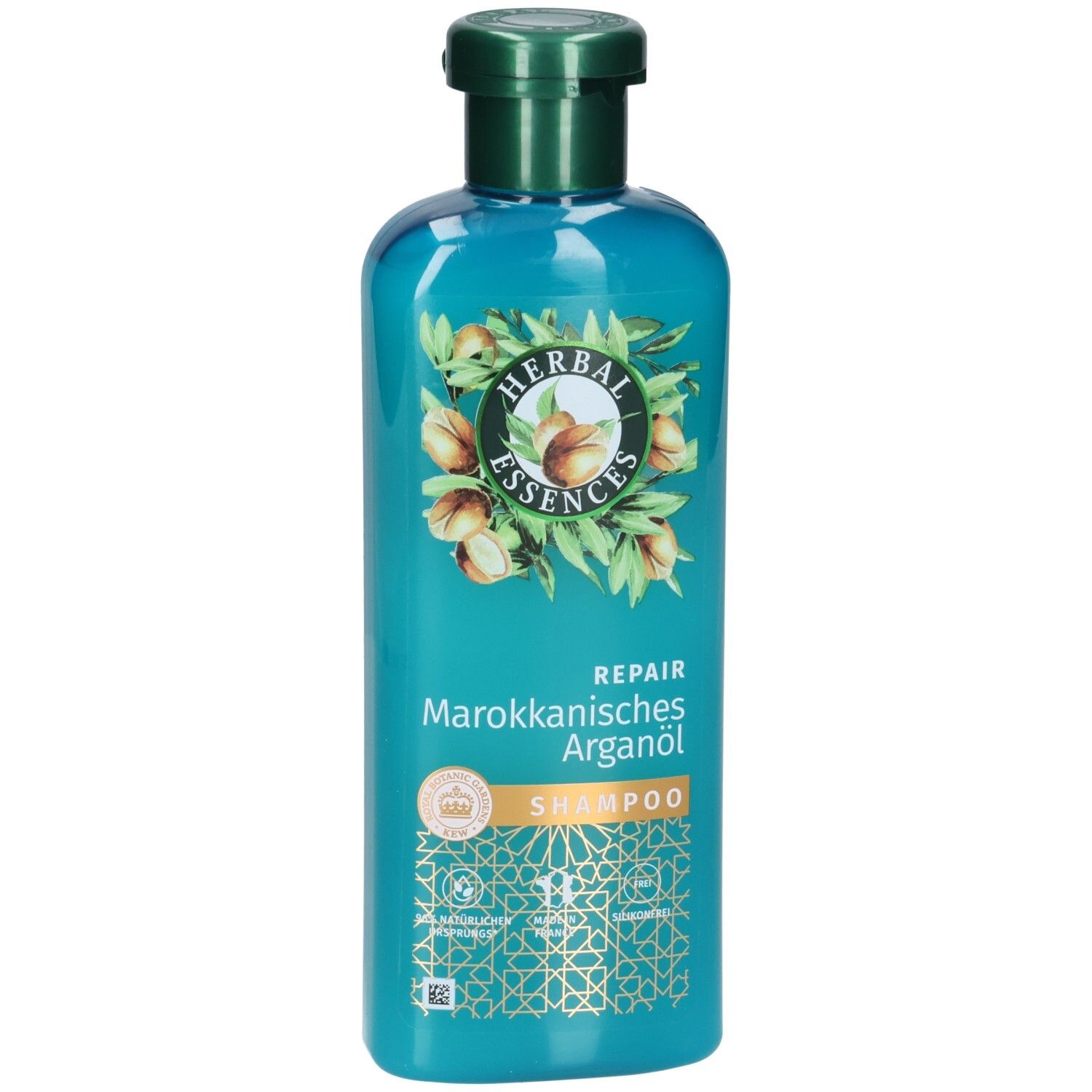 Flacon de shampooing turquoise avec bouchon vert. Inscription: Herbal Essences, Repair, Huile d'Argan du Maroc. Illustration de fruits d'argan.