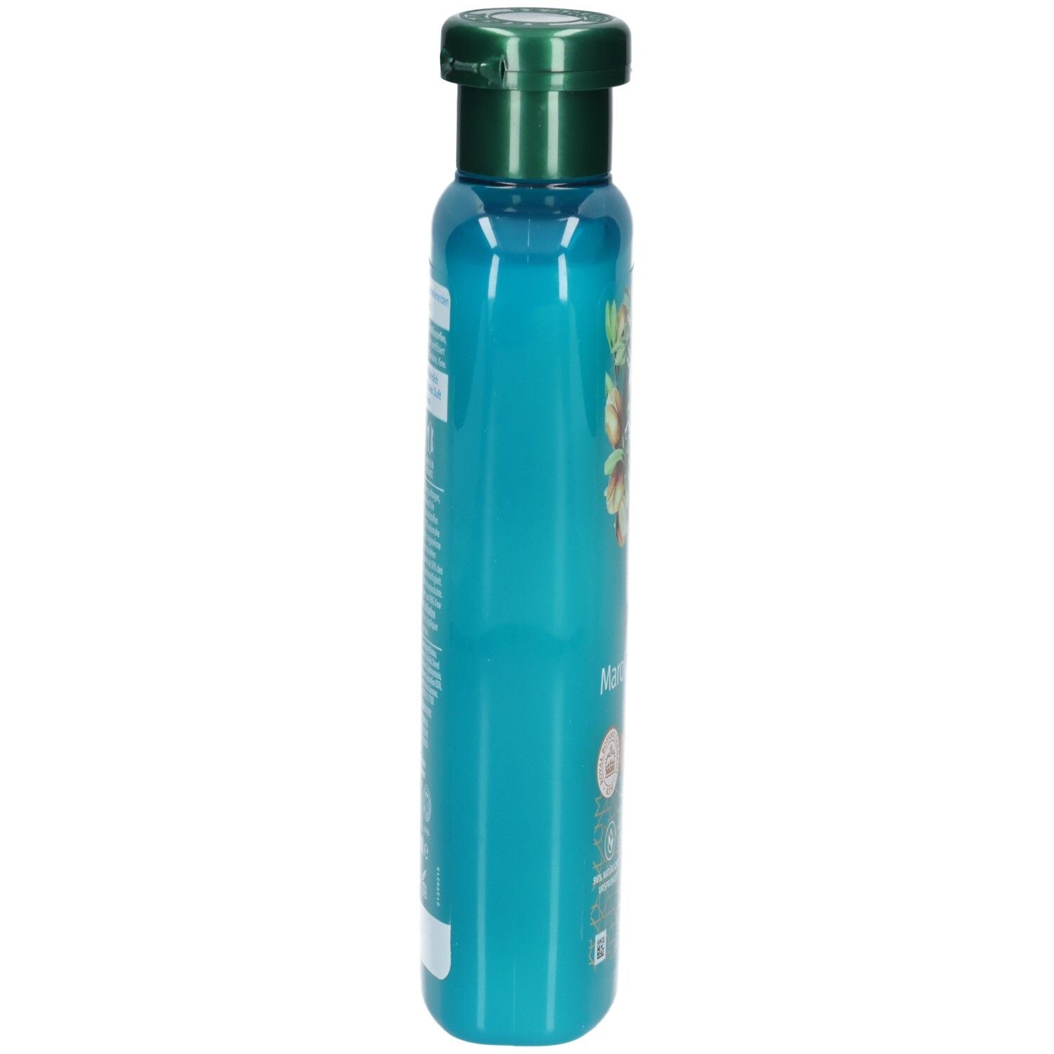 Flacon de shampooing turquoise étroit avec bouchon vert. Vue latérale. Étiquette avec texte.