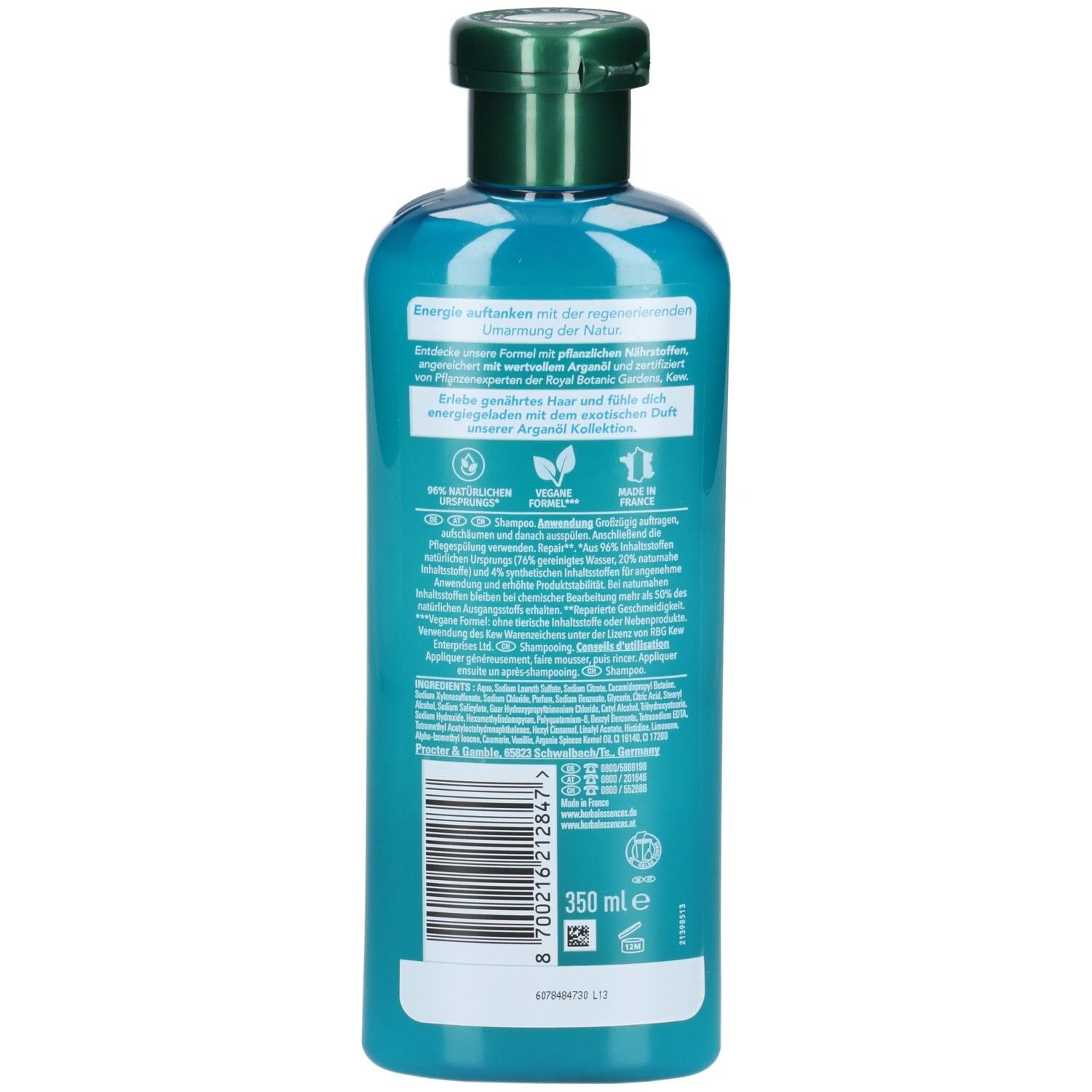 Dos du flacon de shampooing turquoise. Texte en plusieurs langues. Code-barres et indication de volume: 350 ml.