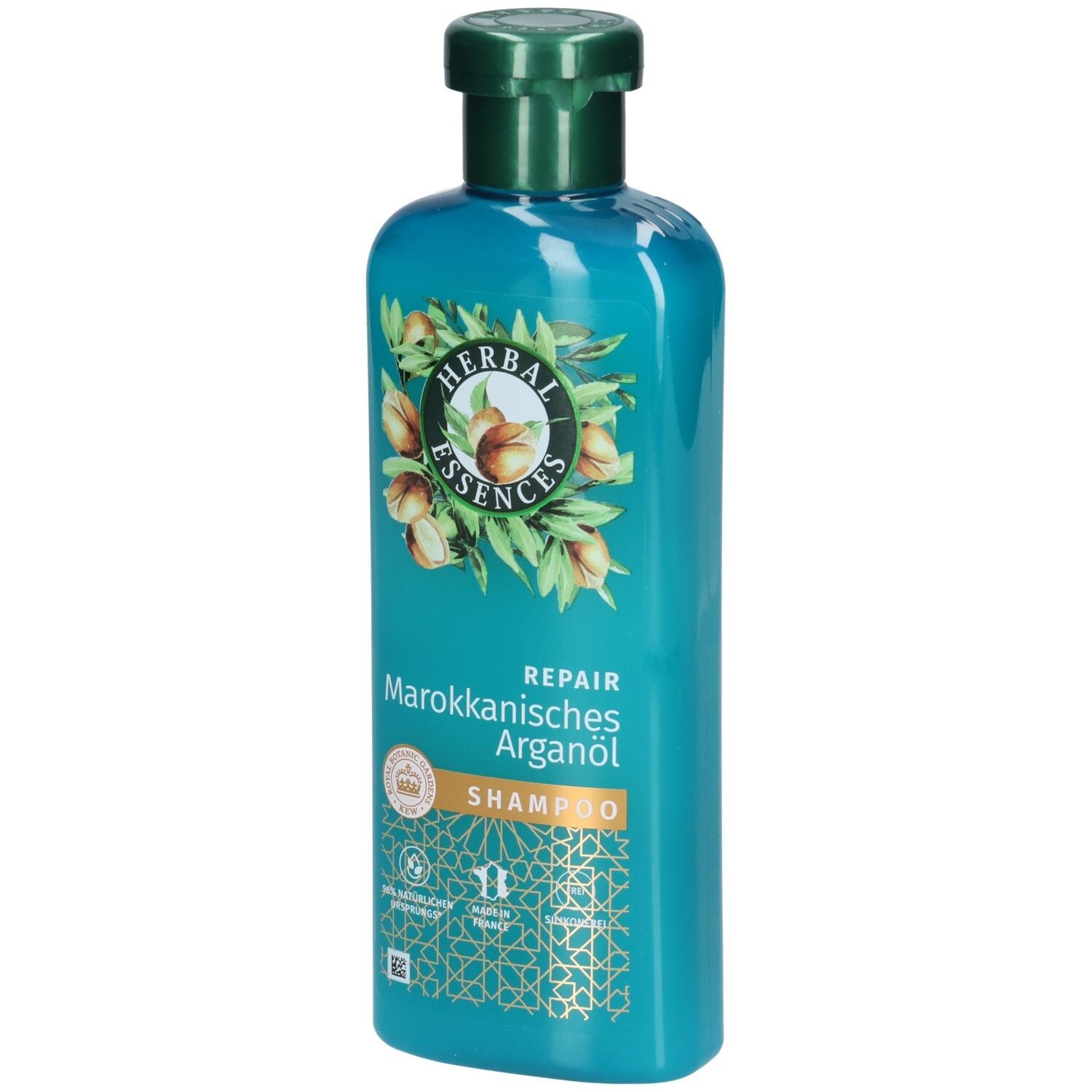 Flacon de shampooing turquoise avec bouchon vert. Inscription: Herbal Essences, Repair, Huile d'Argan du Maroc. Illustration de fruits d'argan.