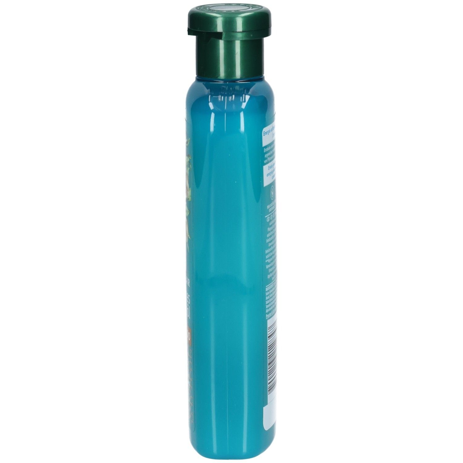 Flacon de shampooing turquoise étroit avec bouchon vert. Vue latérale. Étiquette avec texte.