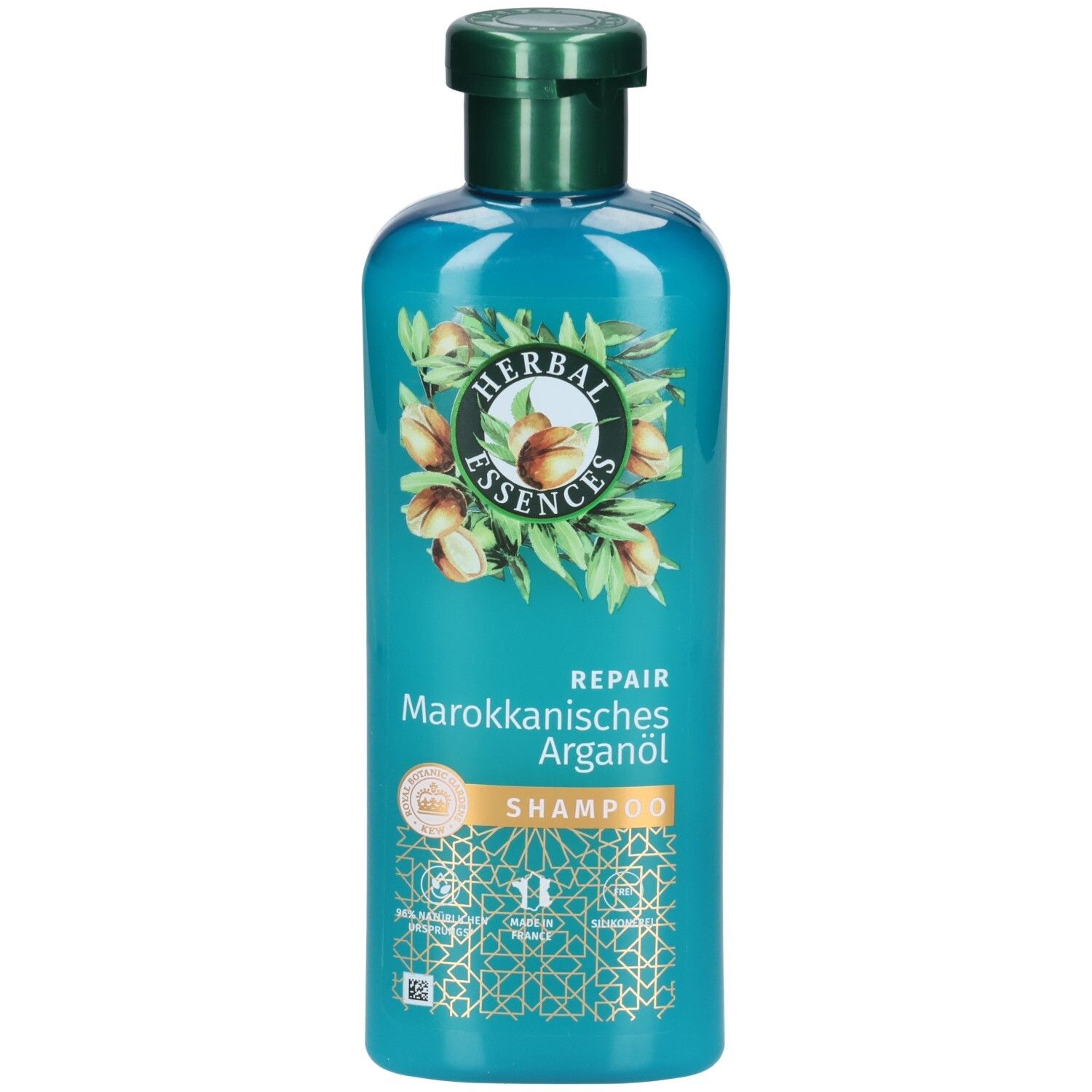 Flacon de shampooing turquoise avec bouchon vert. Inscription: Herbal Essences, Repair, Huile d'Argan du Maroc. Illustration de fruits d'argan.