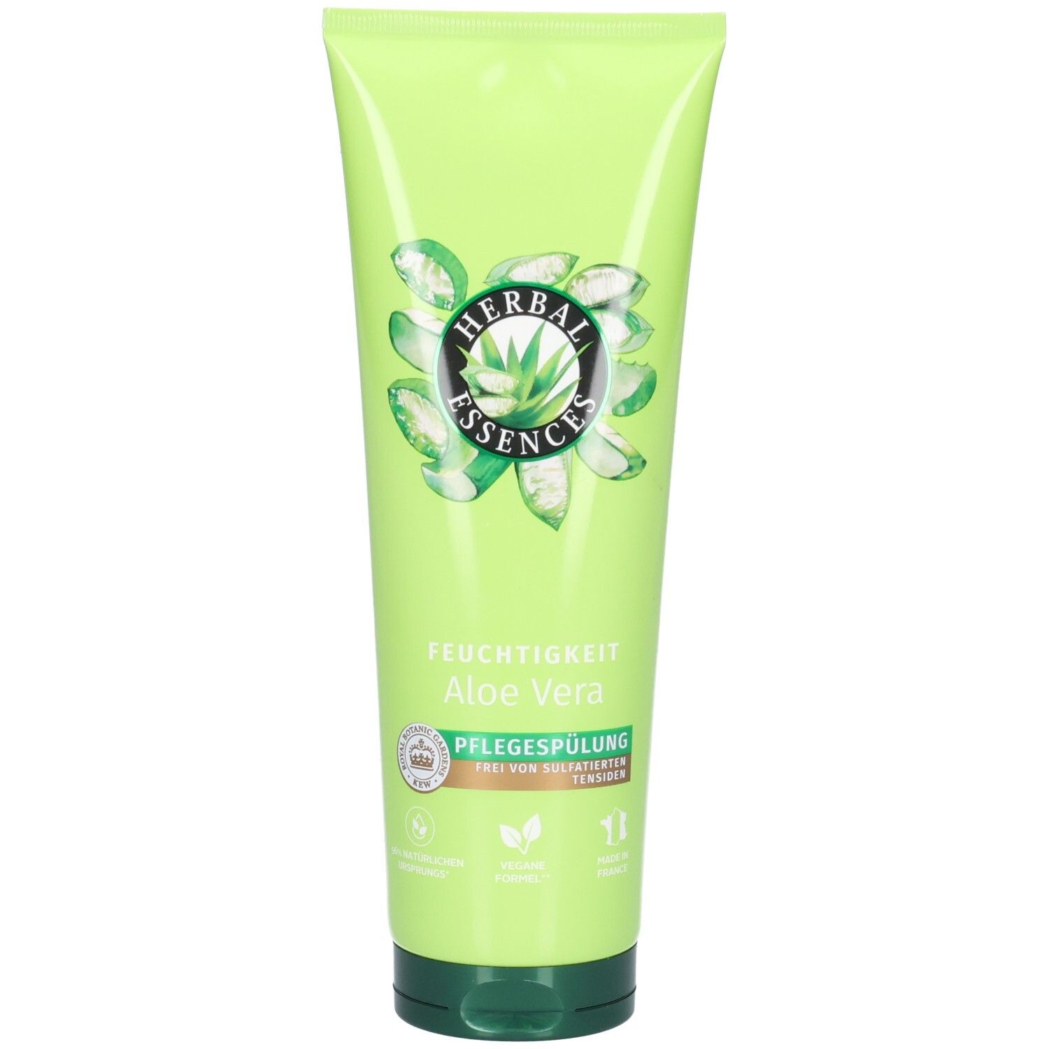 Tube verte HERBAL ESSENCES Pflegespülung Aloe Vera. Logo avec aloe vera. Texte: Feuchtigkeit, Pflegespülung.