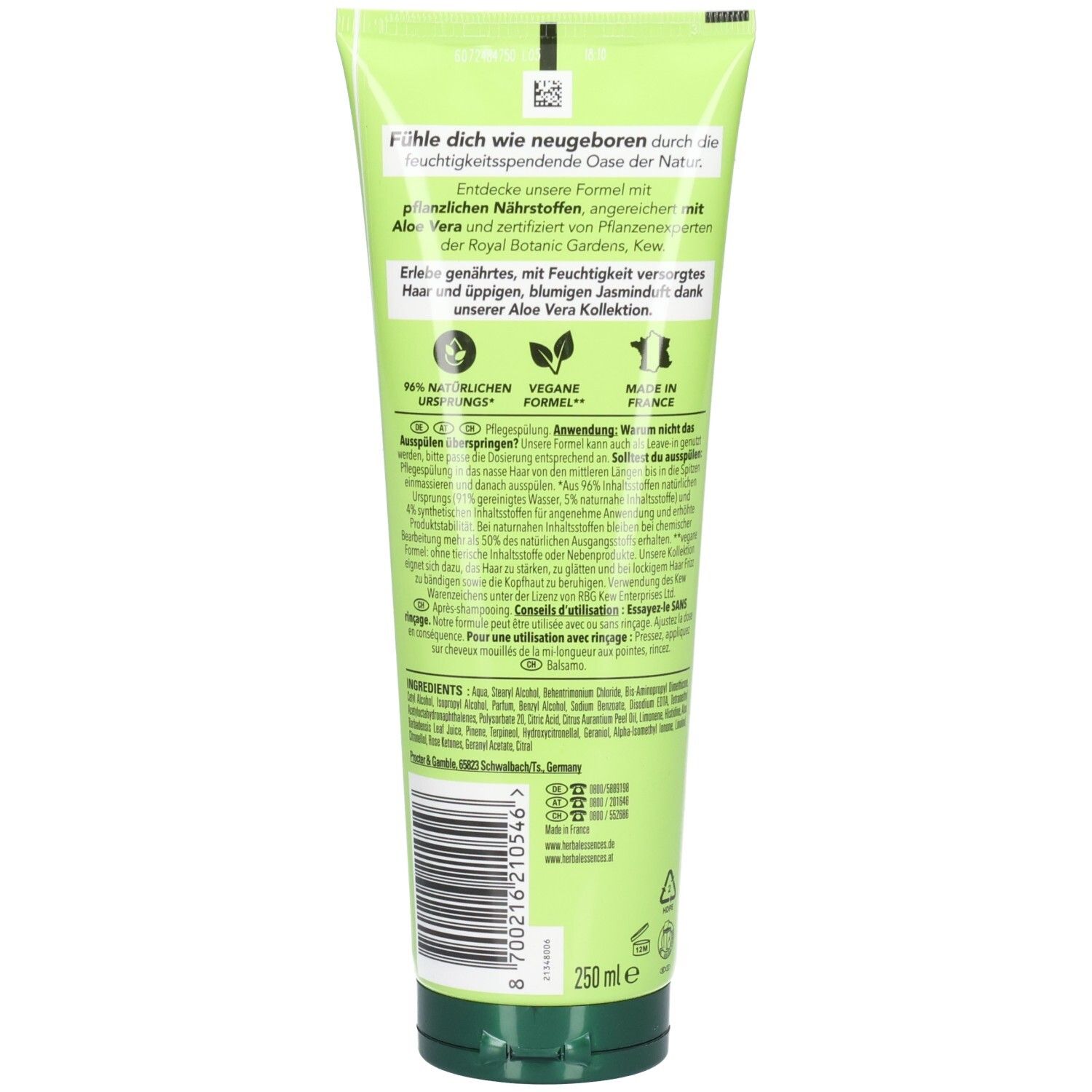 Dos de la tube verte. Texte et ingrédients. En bas: 250 ml.