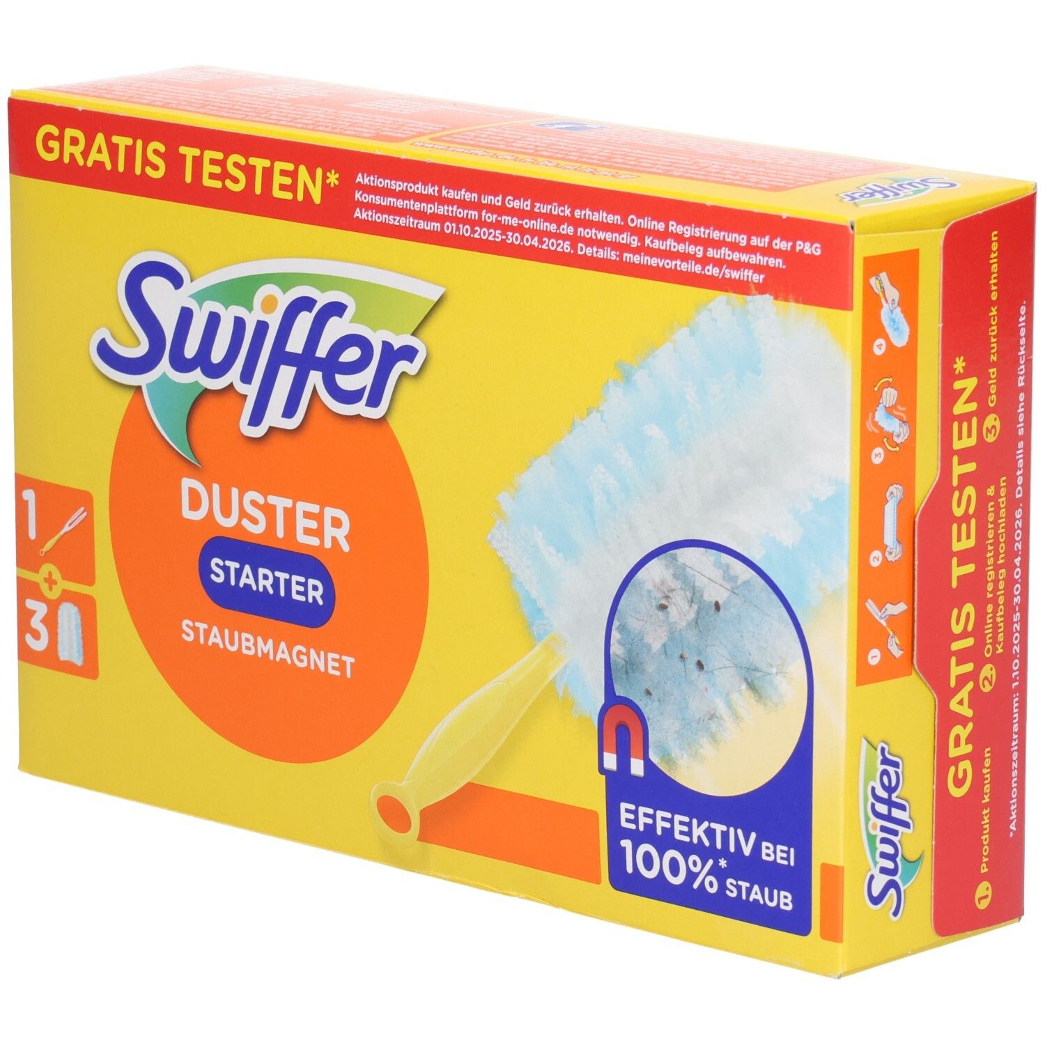 Gelbe Kartonverpackung mit Swiffer Duster Starter. Enthält Griff und 3 Tücher. Text: "GRATIS TESTEN".