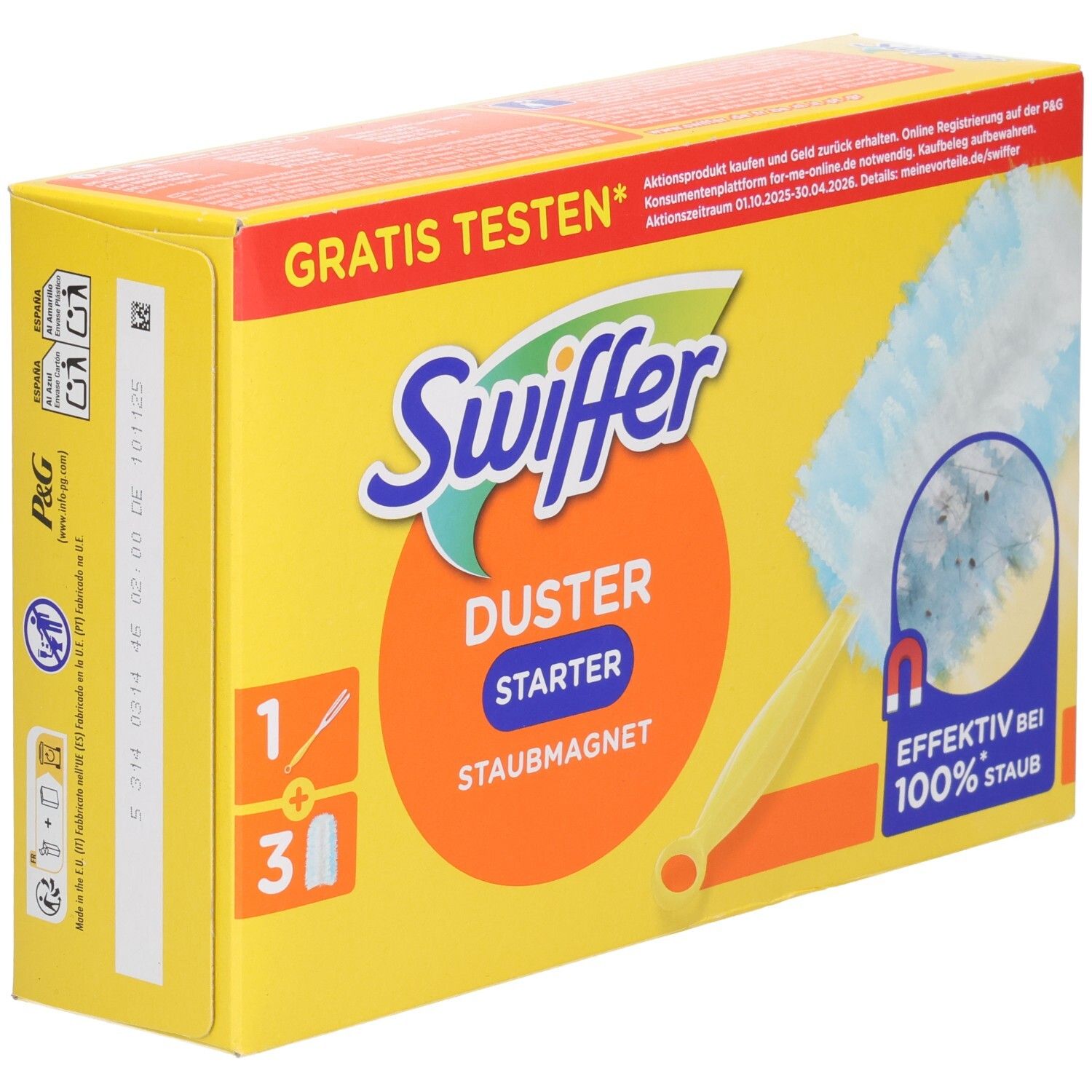 Gelbe Kartonverpackung mit Swiffer Duster Starter. Enthält Griff und 3 Tücher. Text: "GRATIS TESTEN".