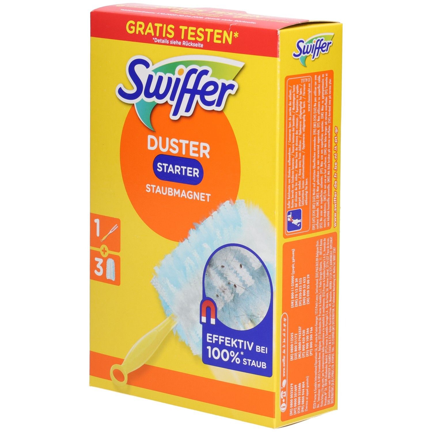 Gelbe Kartonverpackung mit Swiffer Duster Starter. Enthält Griff und 3 Tücher. Text: "GRATIS TESTEN".
