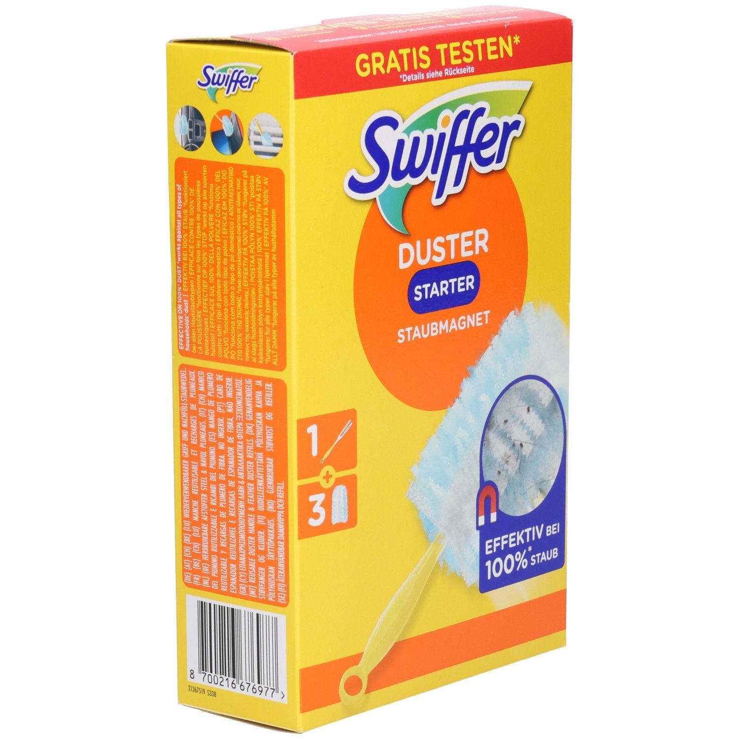 Gelbe Kartonverpackung mit Swiffer Duster Starter. Enthält Griff und 3 Tücher. Text: "GRATIS TESTEN".