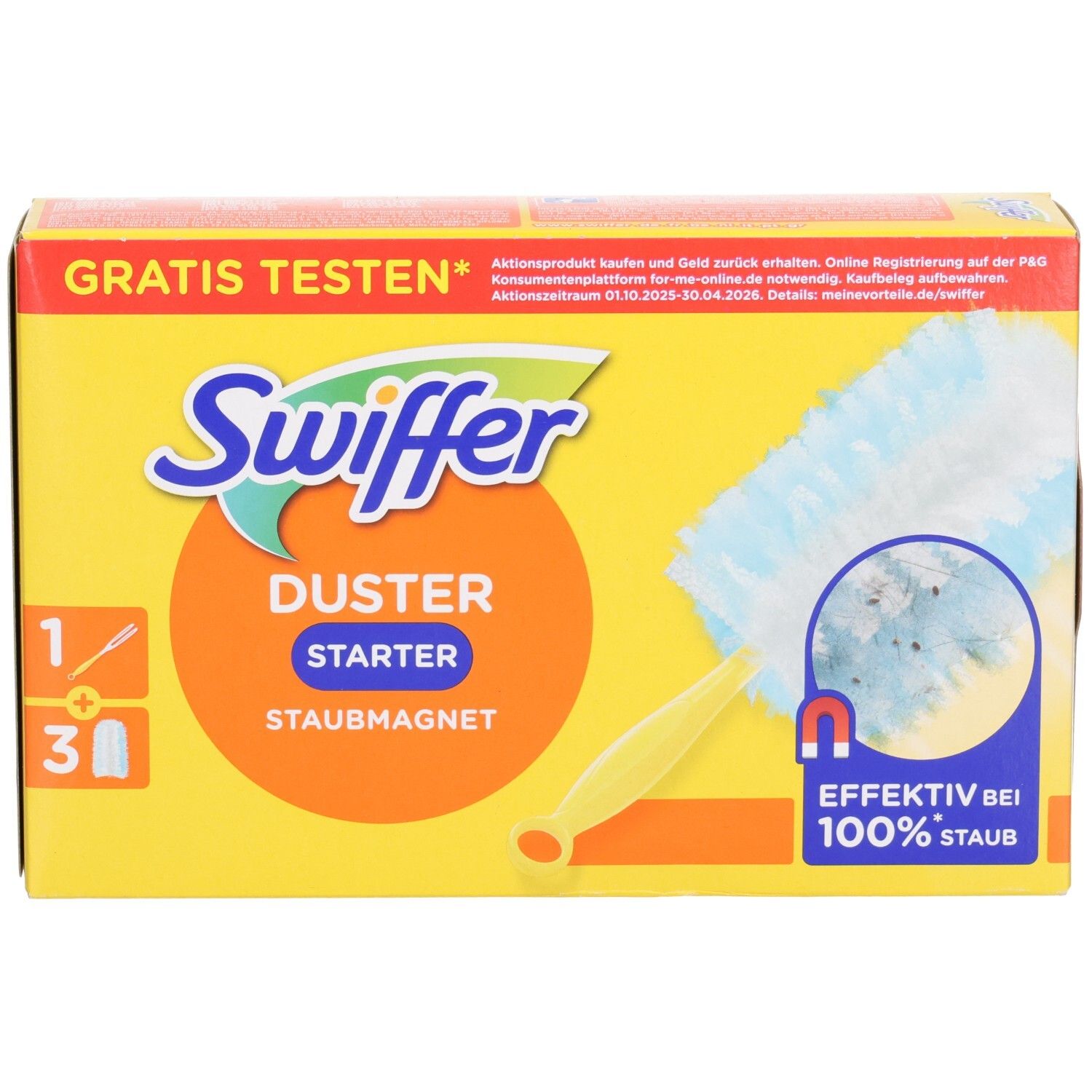 Gelbe Kartonverpackung mit Swiffer Duster Starter. Enthält Griff und 3 Tücher. Text: "GRATIS TESTEN".