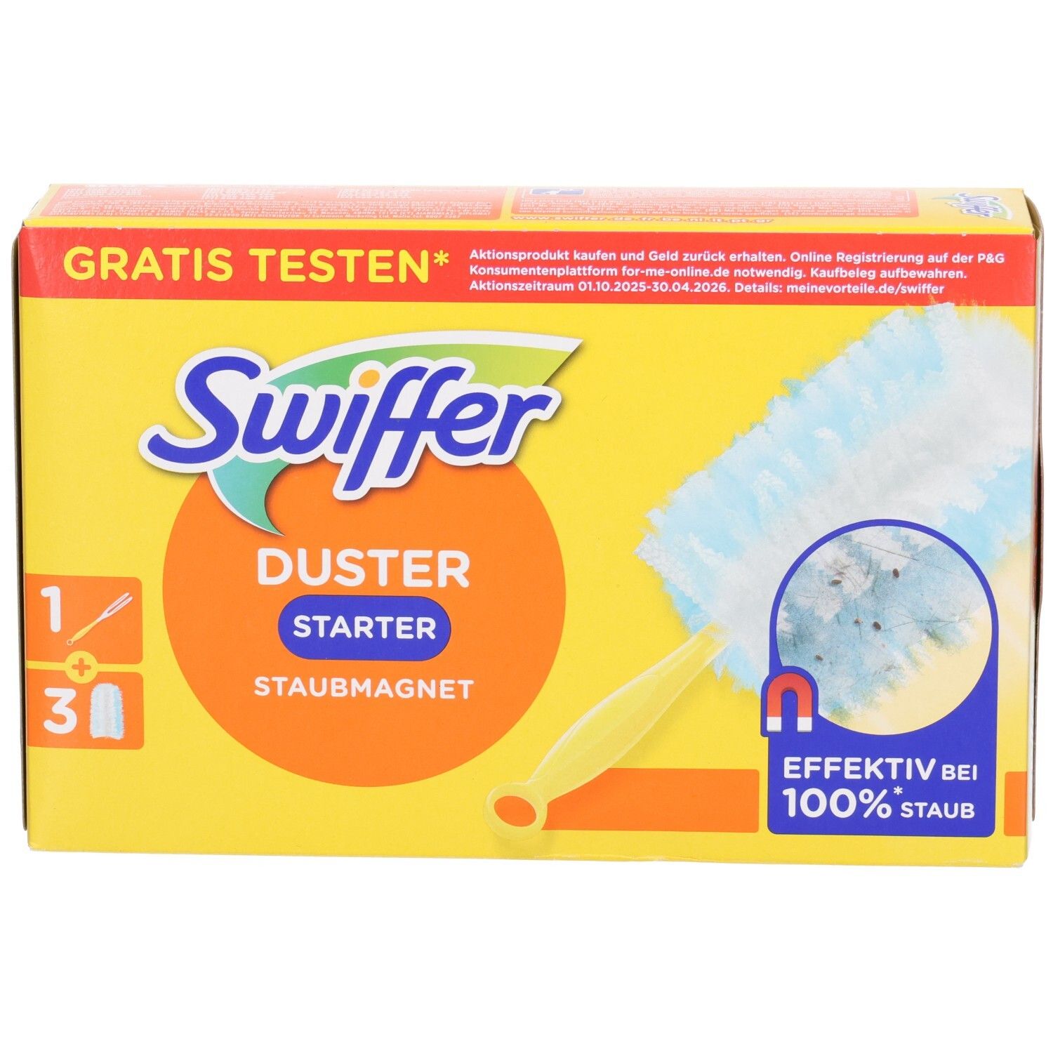 Gelbe Kartonverpackung mit Swiffer Duster Starter. Enthält Griff und 3 Tücher. Text: "GRATIS TESTEN".
