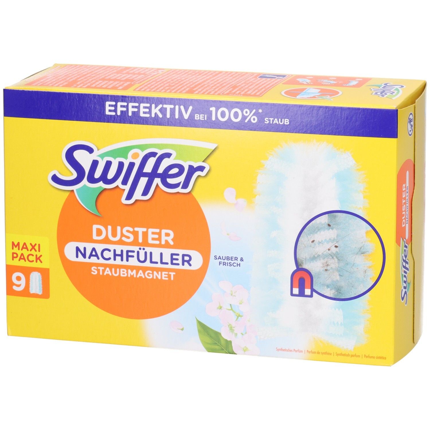 Gelbe Kartonverpackung mit Swiffer-Logo und Produktbezeichnung. Enthält 9 Staubmagnet-Nachfüller. Aufdruck: Effektiv bei 100% Staub.