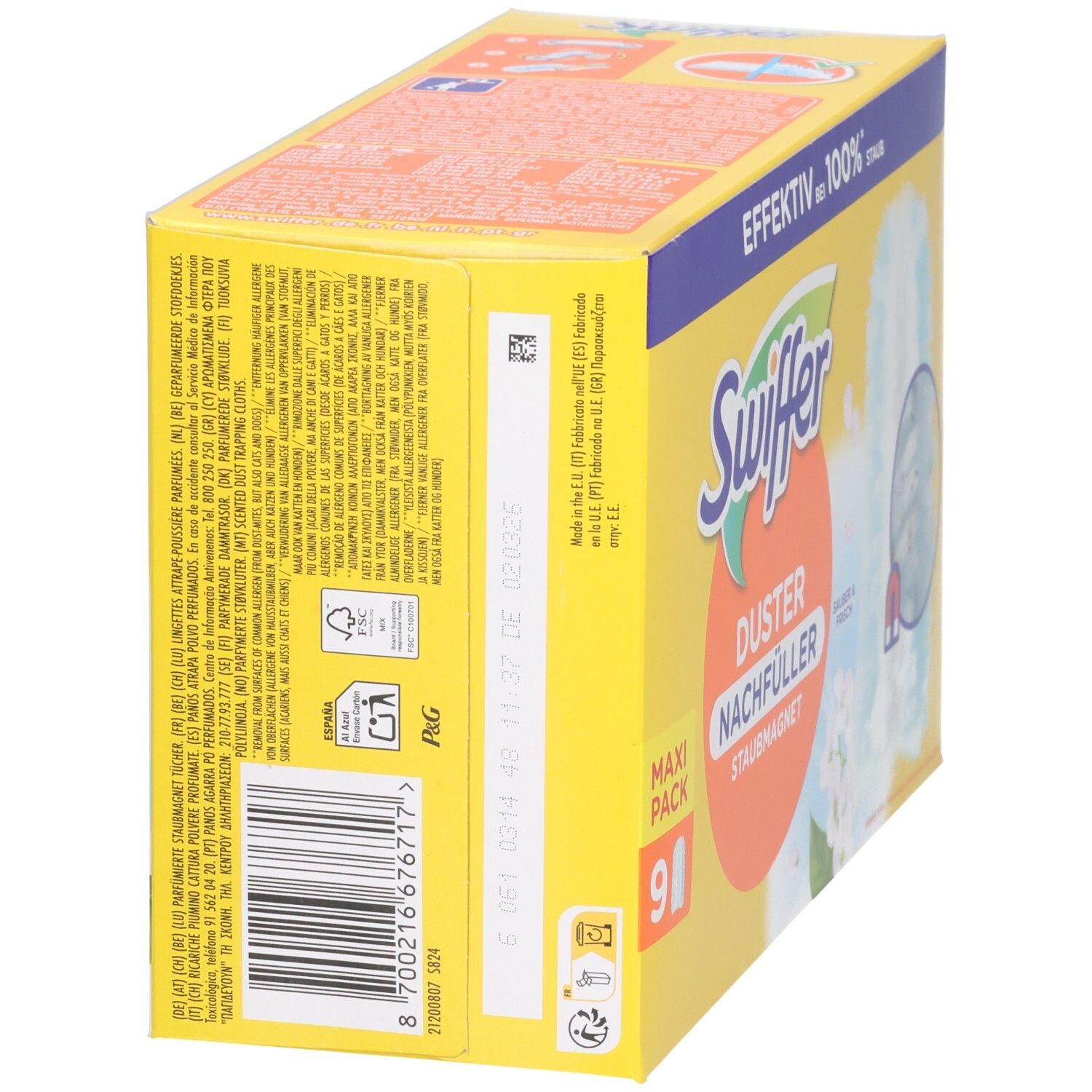 Gelbe Kartonverpackung, Seitenansicht. Text und Logos von Swiffer. Enthält Informationen und Produktbezeichnungen. Mit Recycling-Symbolen.