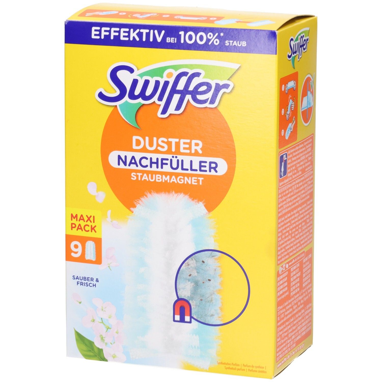 Gelbe Kartonverpackung mit Swiffer-Logo und Produktbezeichnung. Enthält 9 Staubmagnet-Nachfüller. Aufdruck: Effektiv bei 100% Staub.