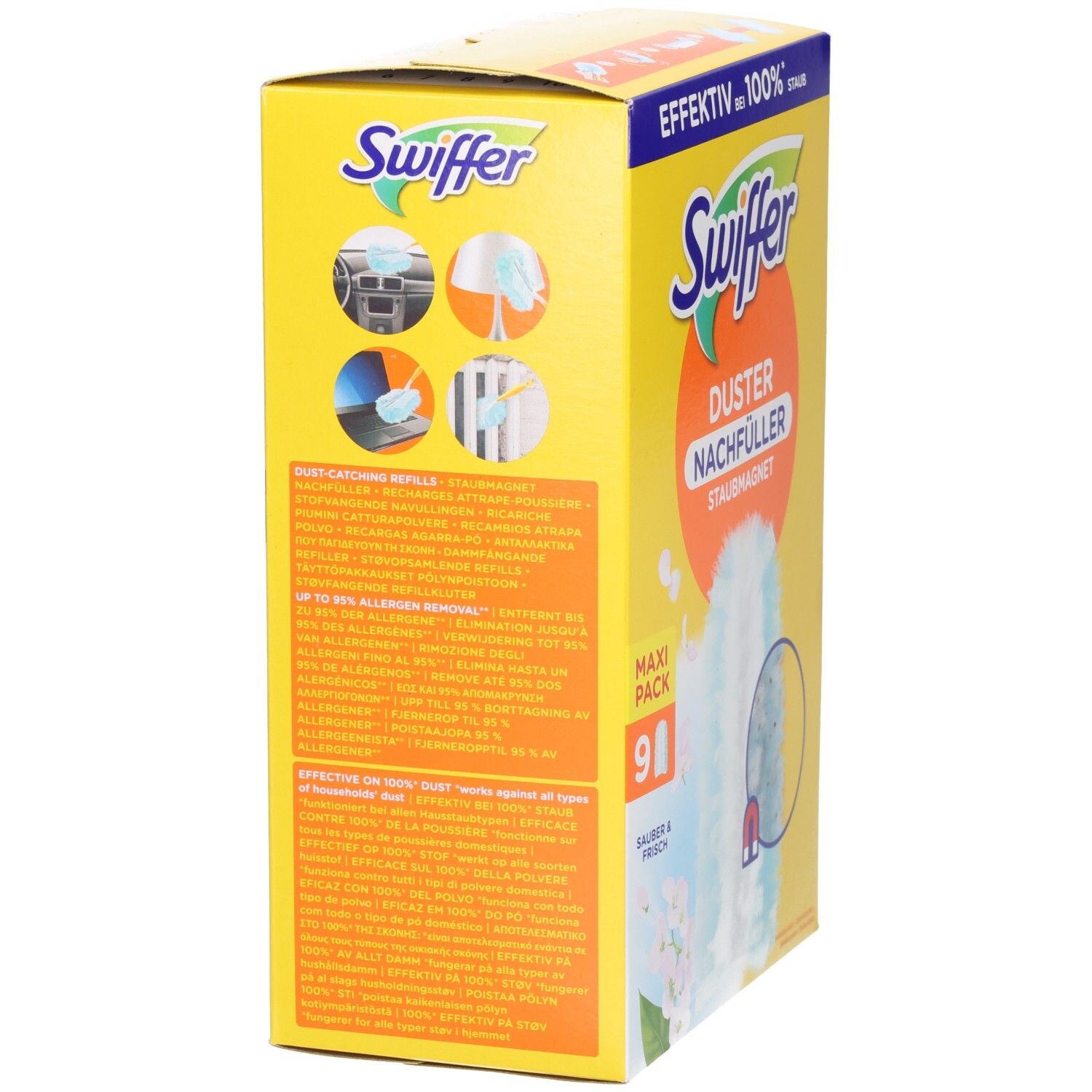 Gelbe Kartonverpackung, Seitenansicht. Text und Logos von Swiffer. Enthält Informationen und Produktbezeichnungen. Mit Illustrationen.
