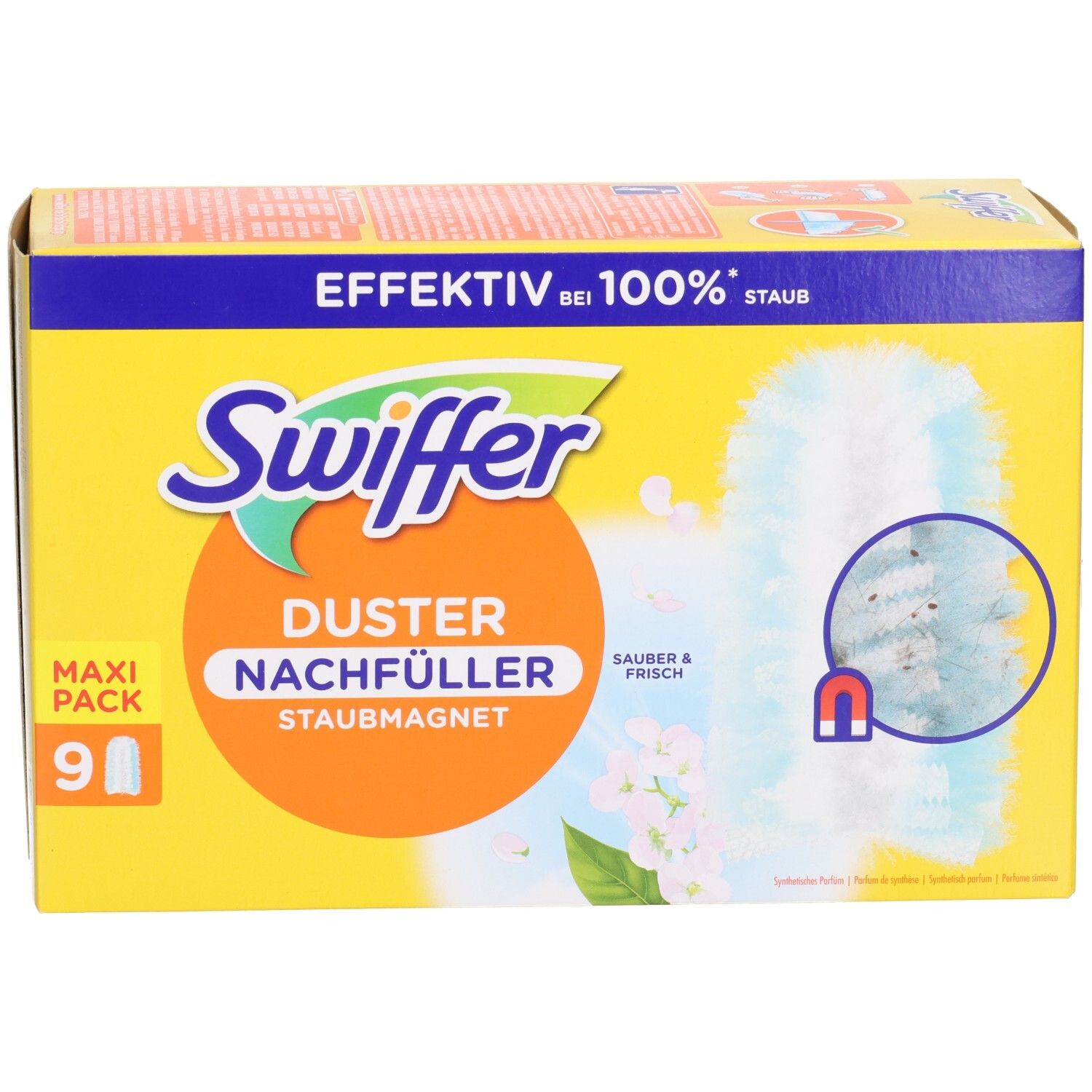 Gelbe Kartonverpackung mit Swiffer-Logo und Produktbezeichnung. Enthält 9 Staubmagnet-Nachfüller. Aufdruck: Effektiv bei 100% Staub.
