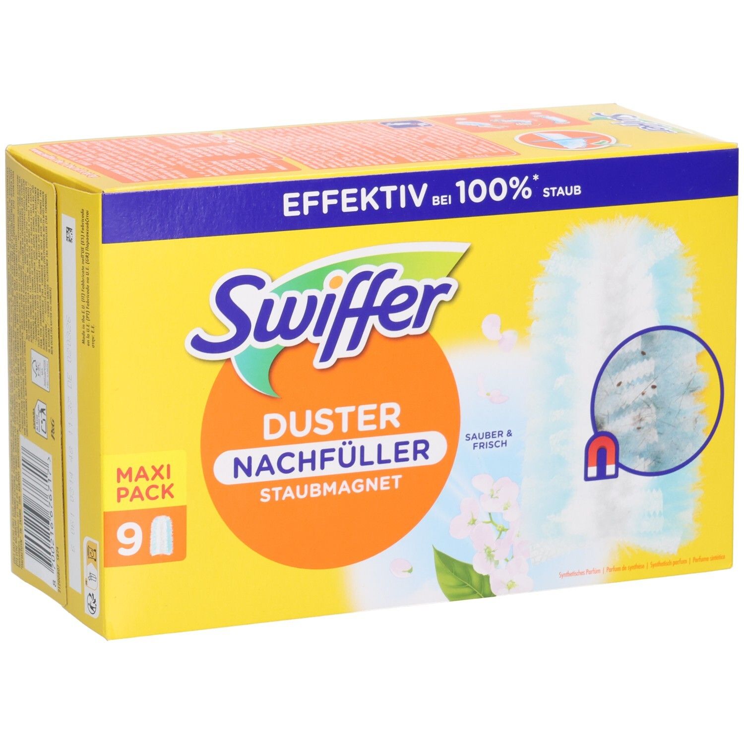 Gelbe Kartonverpackung mit Swiffer-Logo und Produktbezeichnung. Enthält 9 Staubmagnet-Nachfüller. Aufdruck: Effektiv bei 100% Staub.
