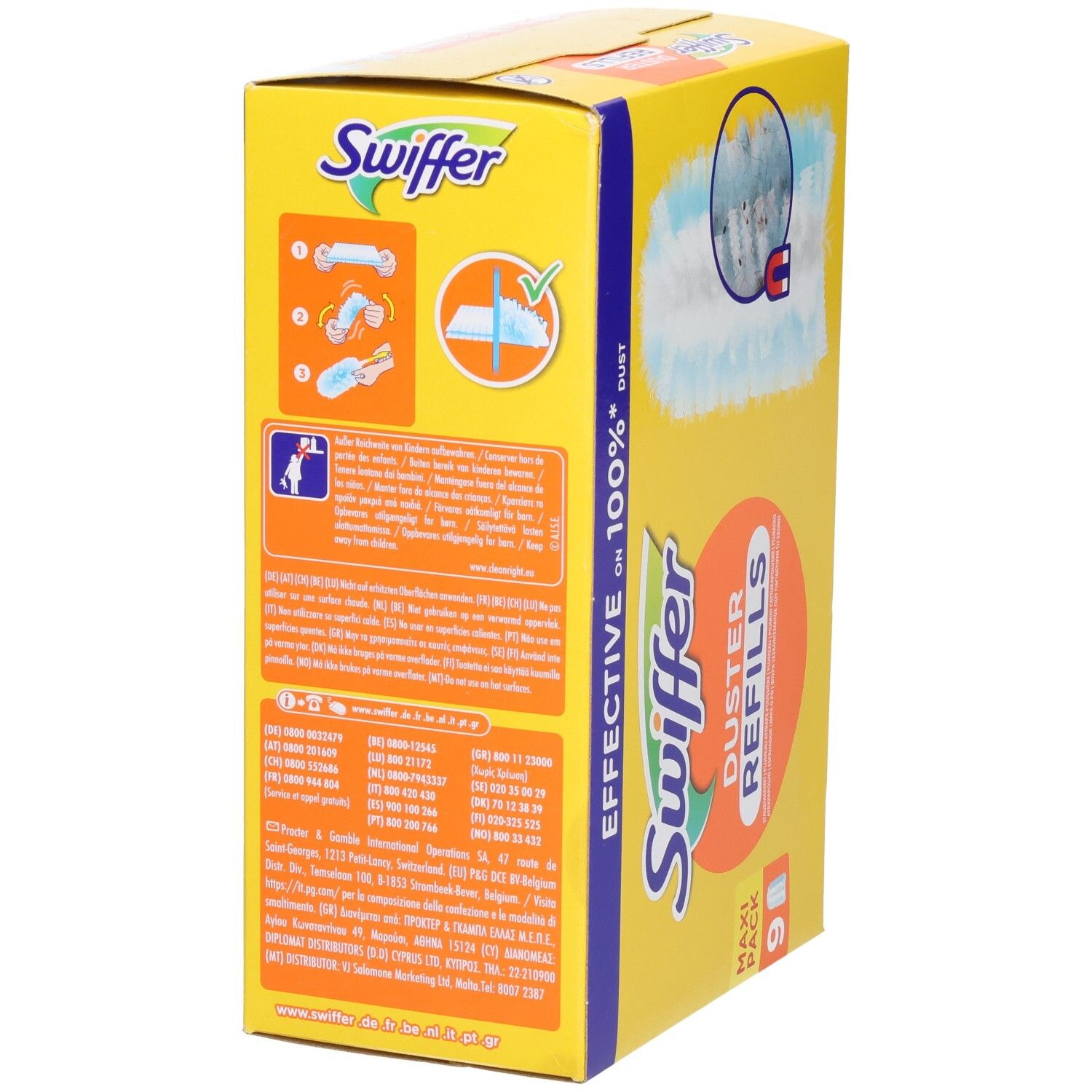 Swiffer Staubmagnet Nachfüllpackung, gelbe Kartonbox mit blauen und orangen Akzenten.