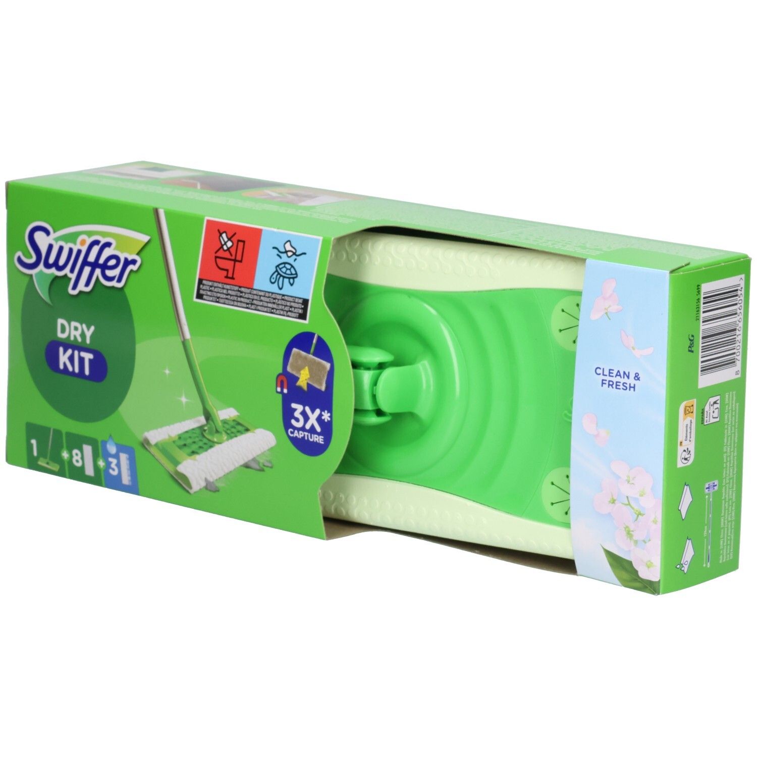 Verpackung des Swiffer Dry Kit. Grün-weiße Box mit Produktabbildung und Text. Enthält einen Stiel, Trockentücher und Wischtücher.