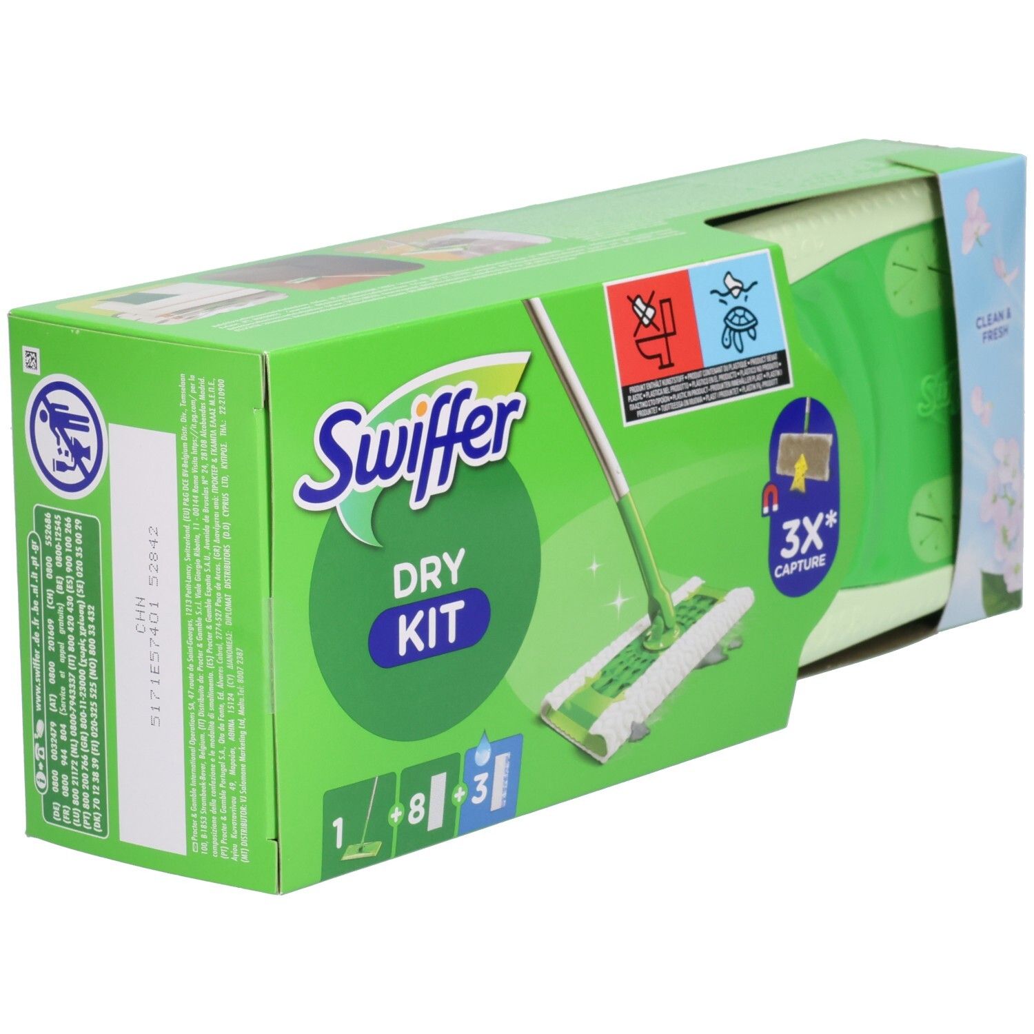 Swiffer Dry Kit Verpackung. Grün-weiße Box mit Produktabbildung und Text. Enthält einen Stiel, Trockentücher und Wischtücher. Detailansicht.