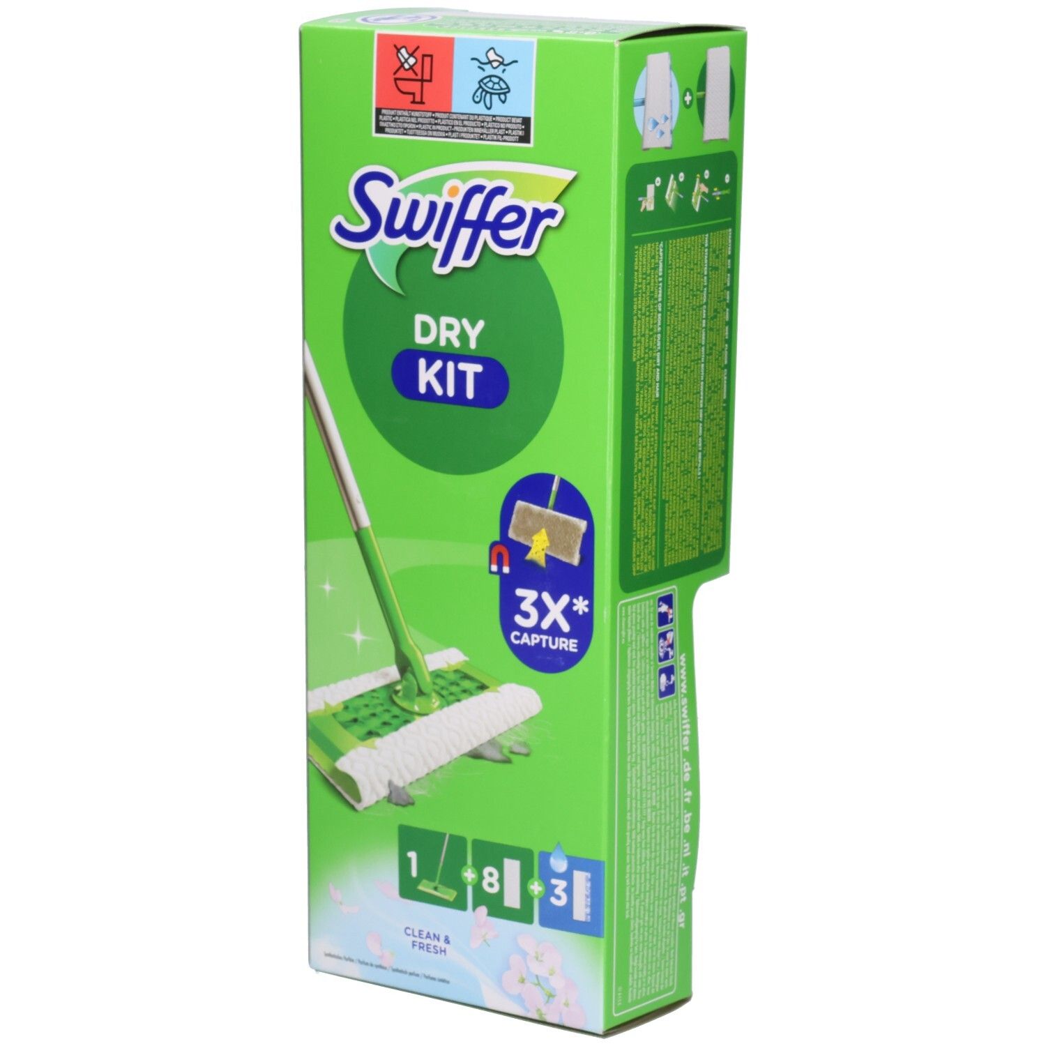 Swiffer Dry Kit Verpackung. Grün-weiße Box mit Produktabbildung und Text. Enthält einen Stiel, Trockentücher und Wischtücher. Seitenansicht.