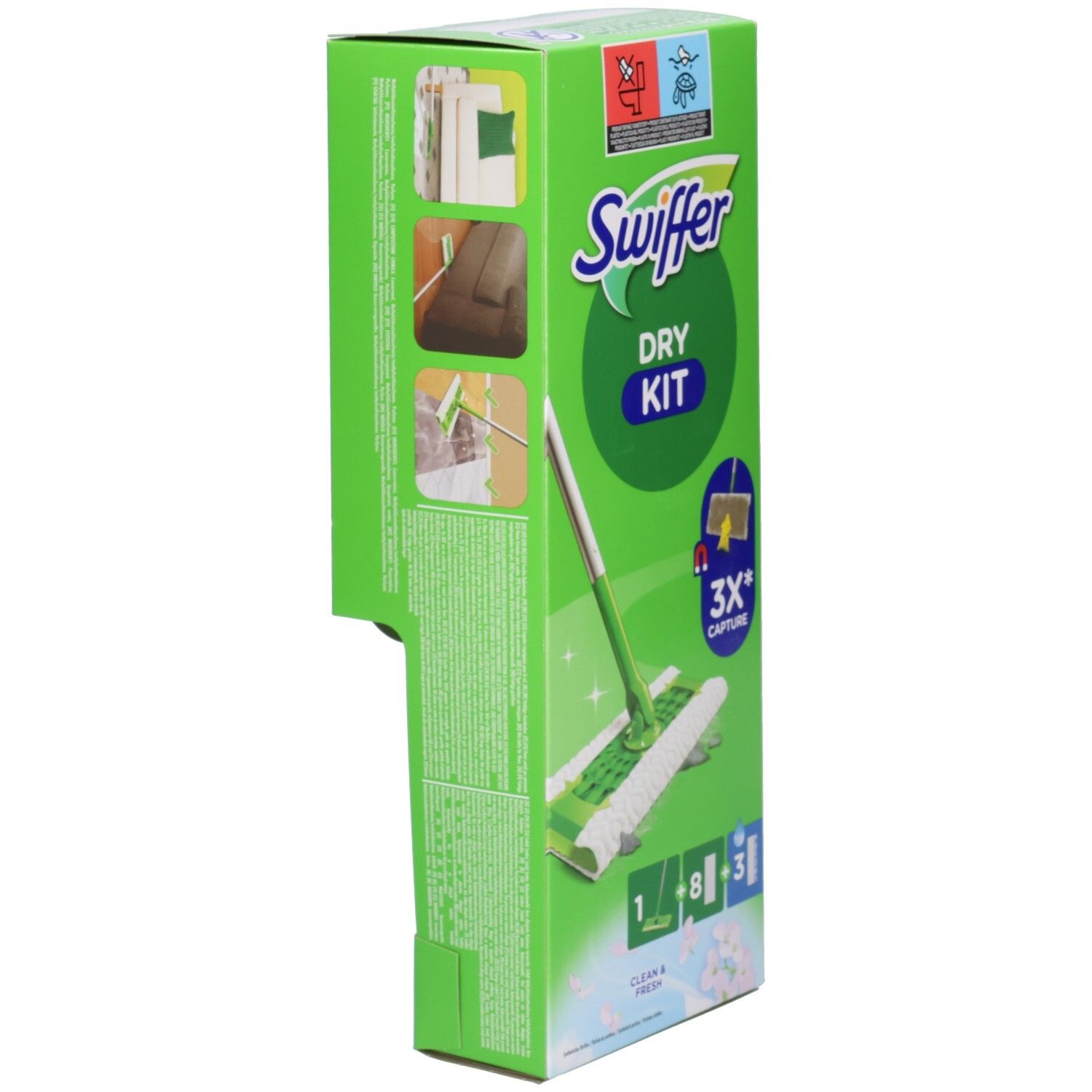 Swiffer Dry Kit Verpackung. Grün-weiße Box mit Produktabbildung und Text. Enthält einen Stiel, Trockentücher und Wischtücher. Seitenansicht.