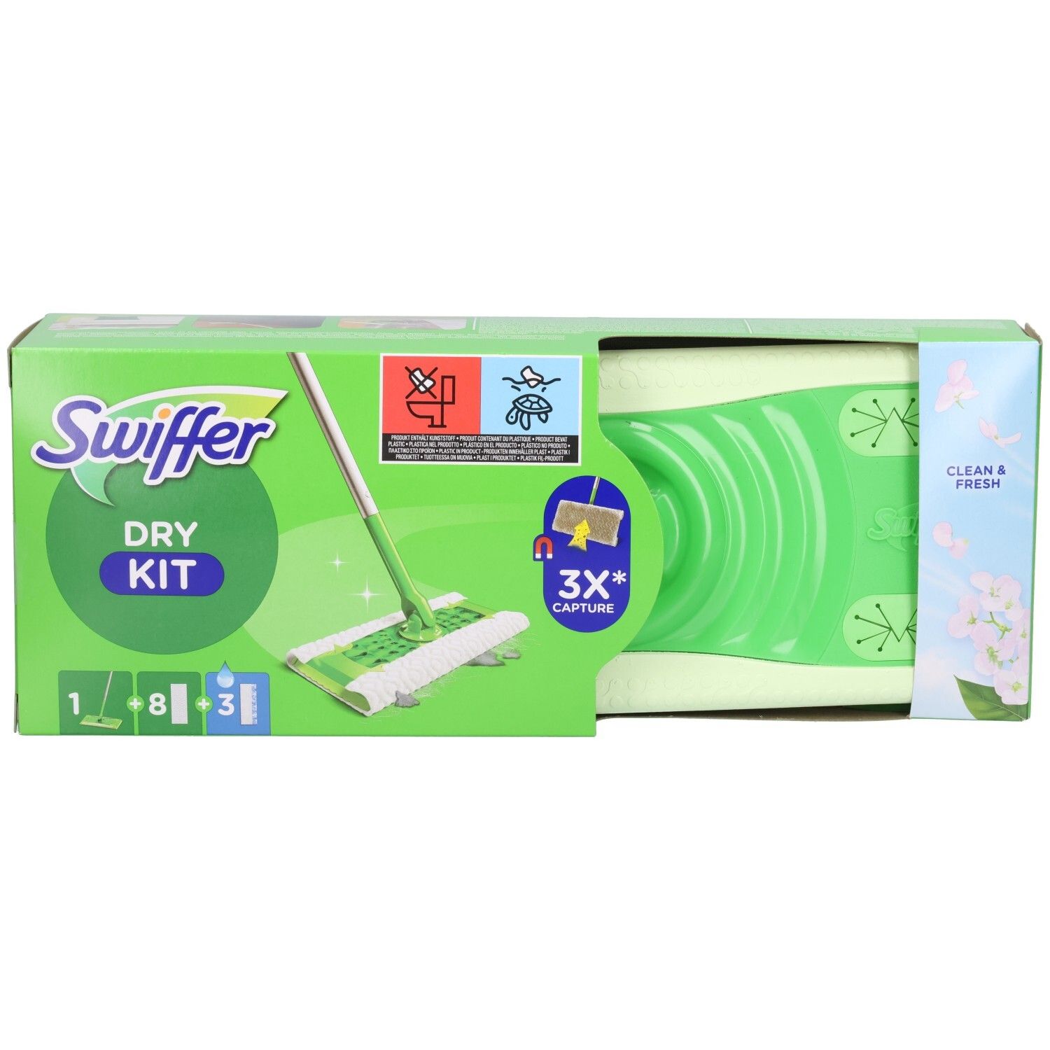 Swiffer Dry Kit Verpackung. Grün-weiße Box mit Produktabbildung und Text. Enthält einen Stiel, Trockentücher und Wischtücher. Ansicht von vorne.