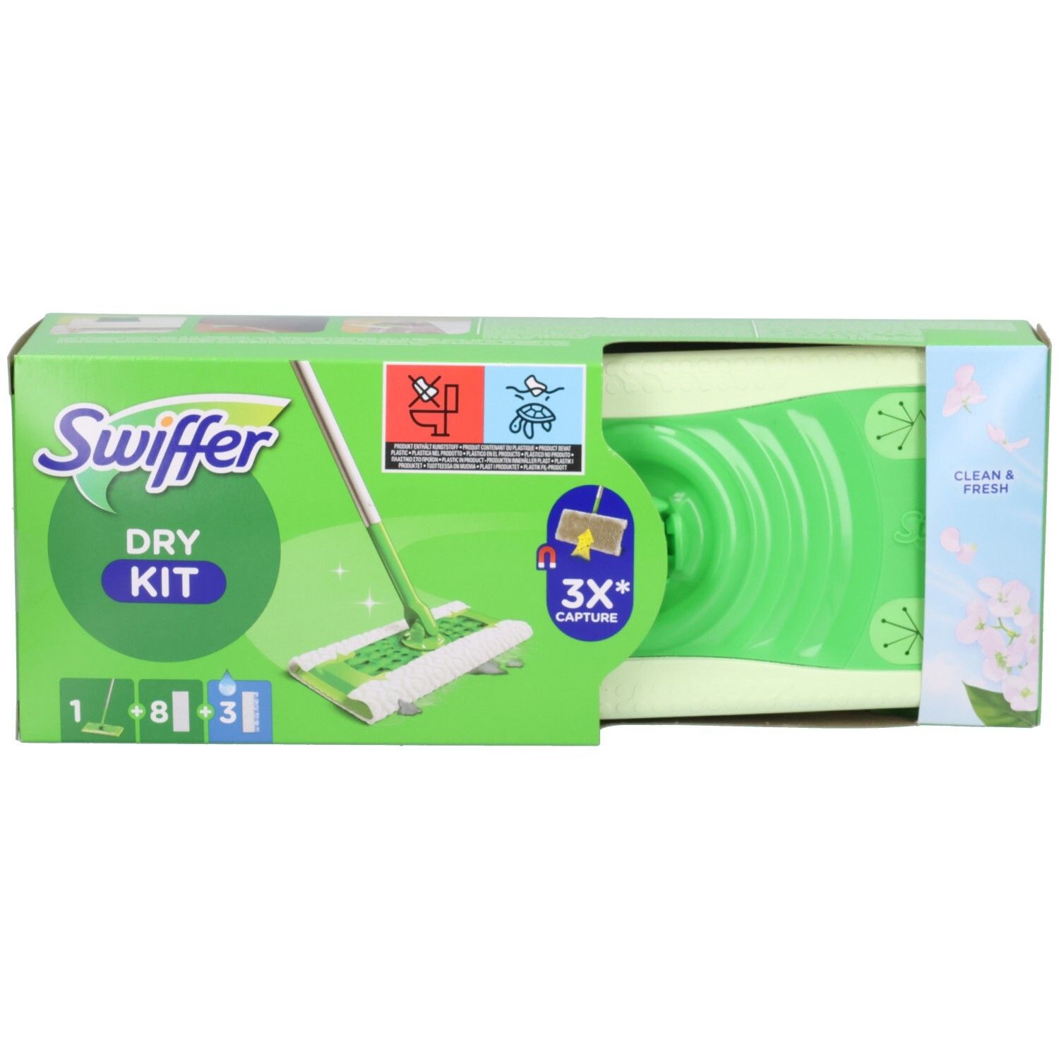 Swiffer Dry Kit Verpackung. Grün-weiße Box mit Produktabbildung und Text. Enthält einen Stiel, Trockentücher und Wischtücher. Ansicht von vorne.