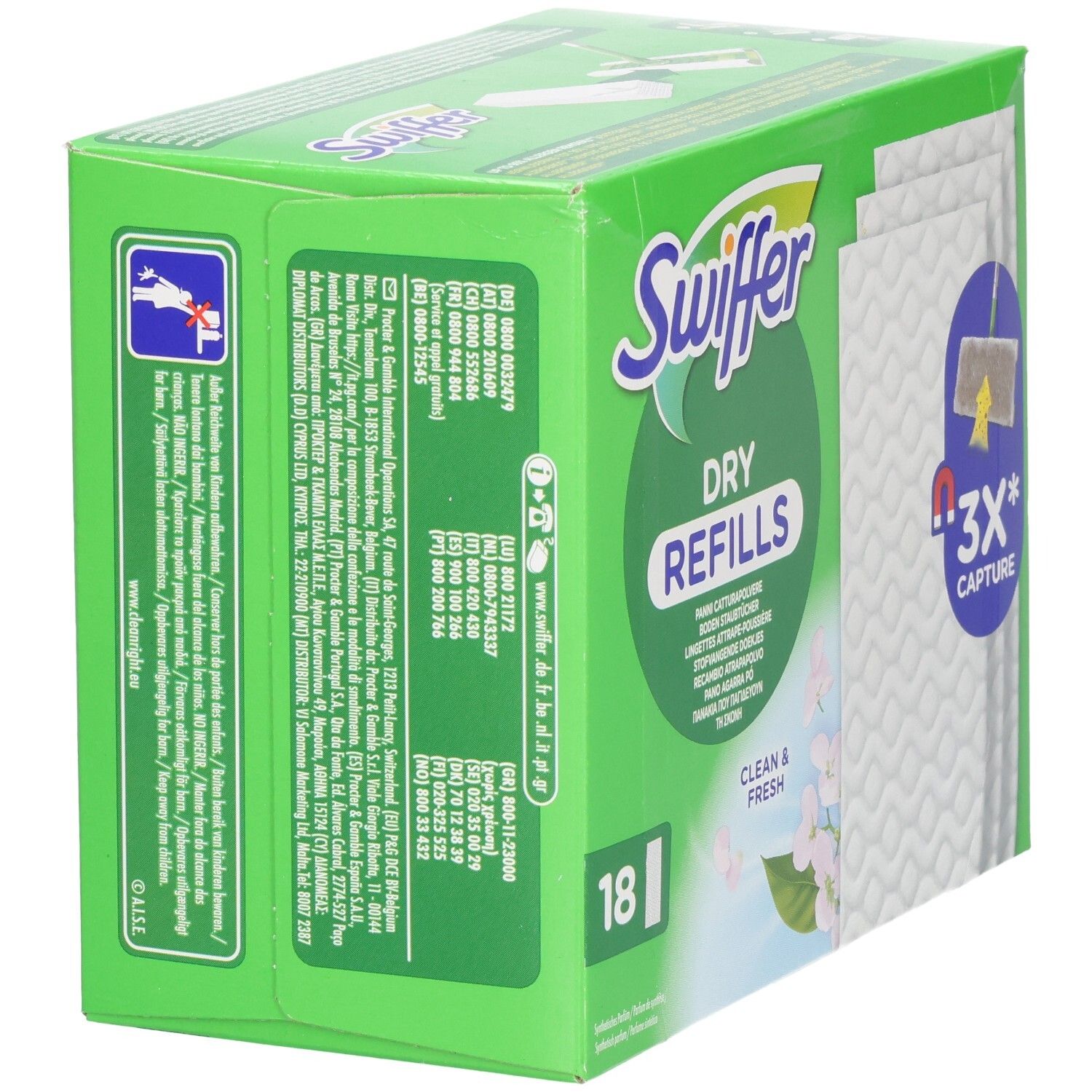 Grüne Verpackung, Seitenansicht. "Swiffer Dry Refills". 18 Tücher. Kontaktinformationen und Logos.