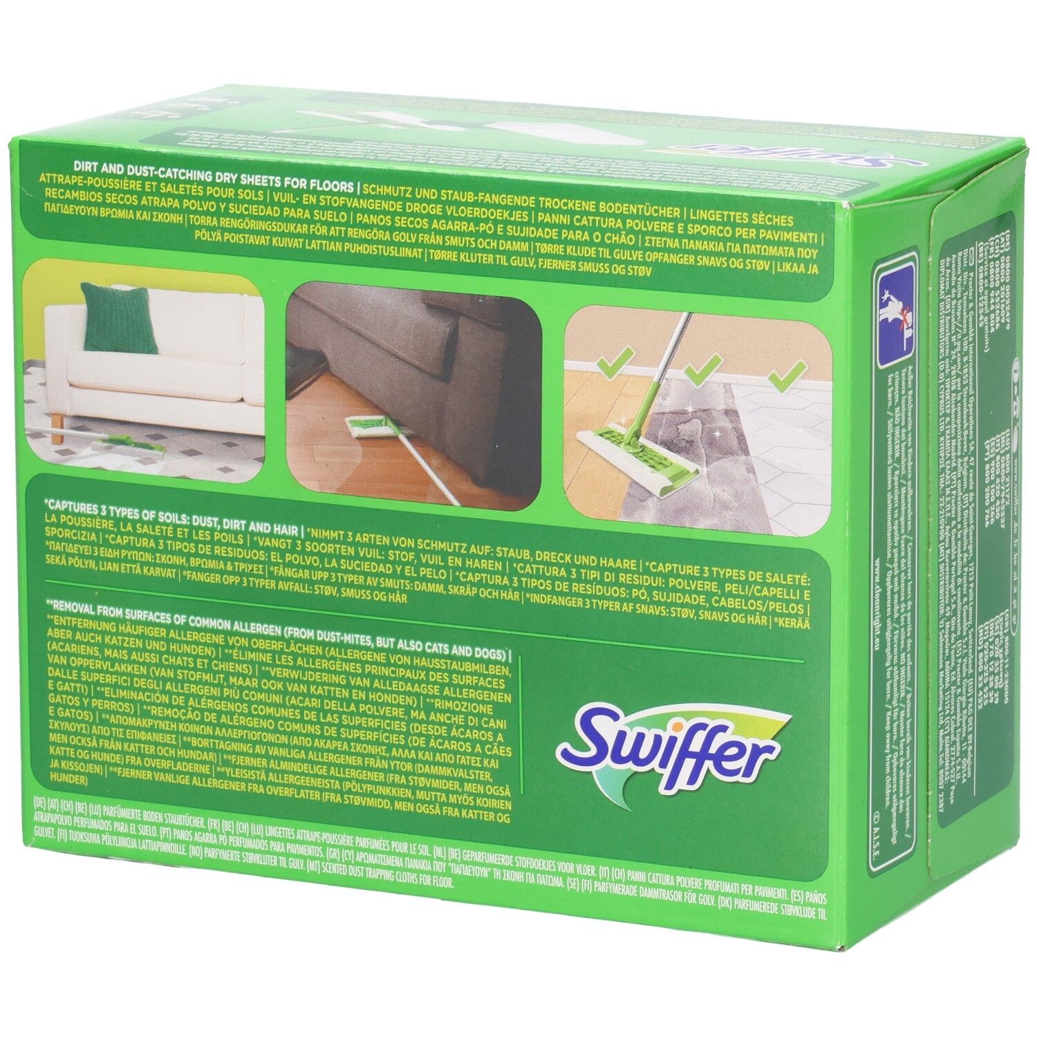 Rückseite der grünen Verpackung. Text über Staub- und Schmutzaufnahme. "Swiffer" Logo.