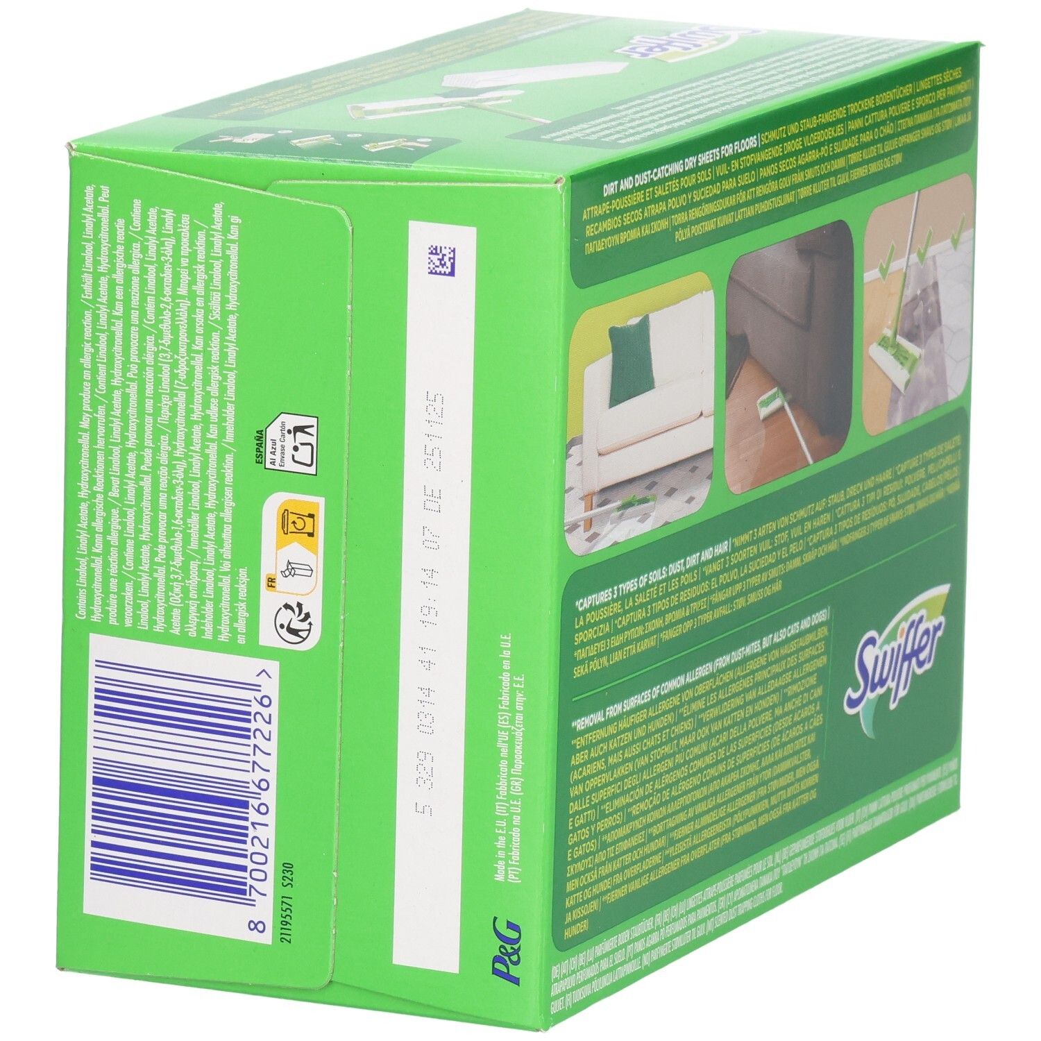 Seitenansicht der grünen Verpackung. Text und Barcode. "Swiffer" Logo.